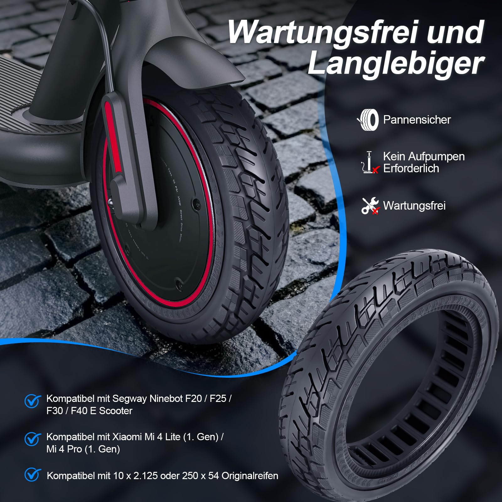 250 x 54 Vollreifen für Xiaomi 4 Pro/Lite Elektroroller, 10 x 2,125 Vollgummireifen für Ninebot F20 F25 F30 F40 Scooter, 10 Zoll Solide Reifen Roller Ersatzreifen (Schwarz-2 Stück)