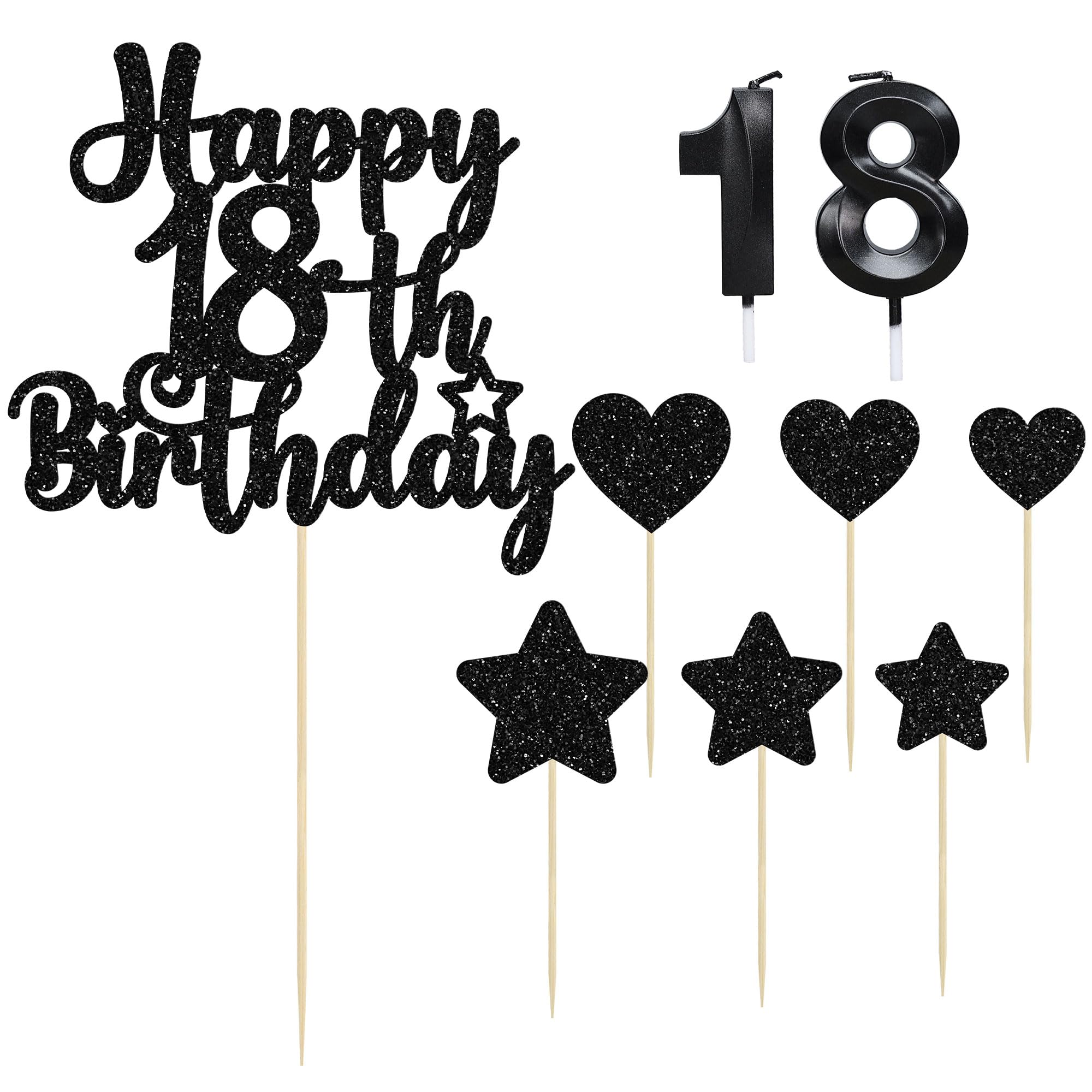 Gyufise 15Pcs Happy 18th Birthday Cake Topper Set with Heart Star Glitter Cheers to 18 Years Cake Picks Number 18 Candles Cake Decorations for Happy 18th Birthday Anniversary Party Supplies Black - Image 3