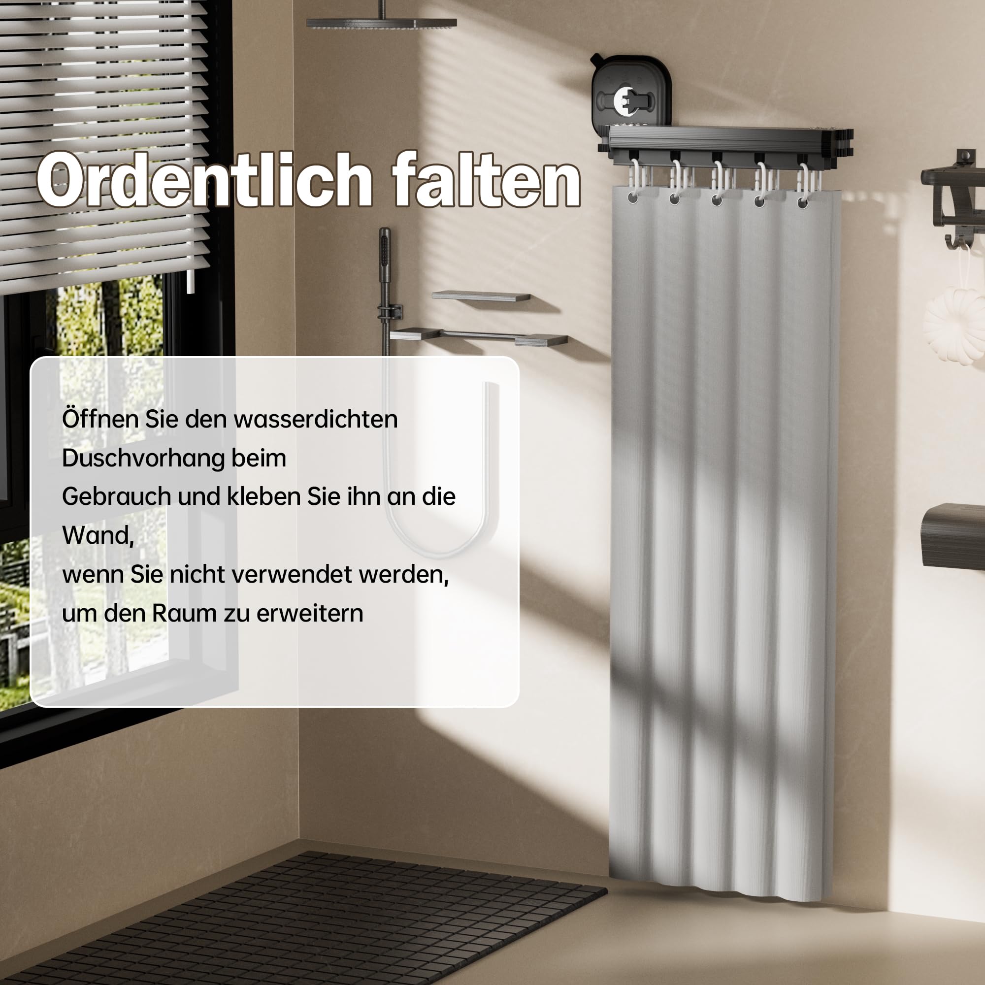 Tenda Da Doccia Pieghevole Senza Foratura con Asta Per Tenda Da Doccia, Ventosa Adesiva Potente Per Bagno con Funzione Angolare Regolabile (Forma L/U), Tenda da Doccia Impermeabile a 5 Pieghe Grigia