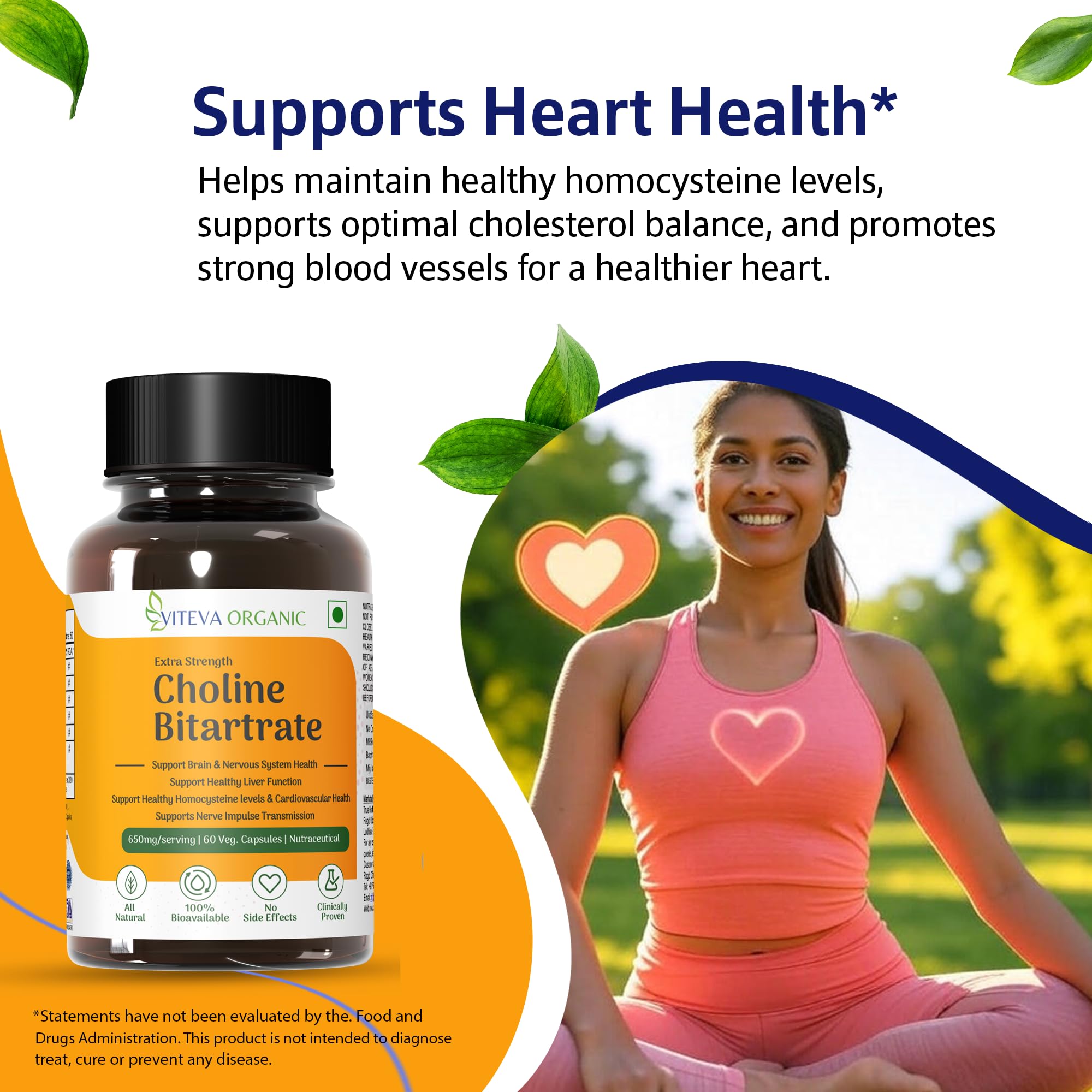 Viteva Organic Choline Bitartrate 650mg - 60 Veg Capsules - Premium Choline Supplement Supports Brain, Nerve, Liver & Heart Health - Vital Cholin Bitartrate Capsules - Enhanced Cognitive Support 3