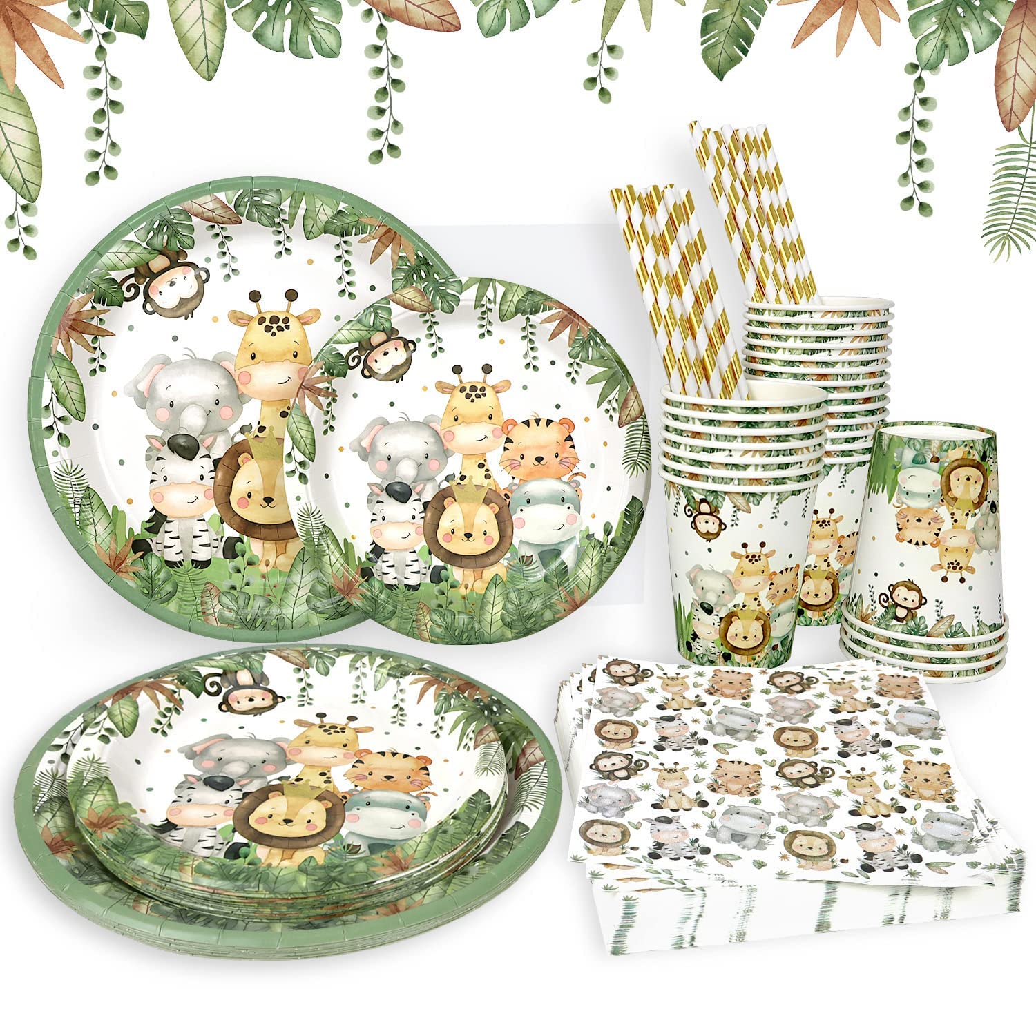 LEDIN Safari Jungle Baby Shower Plates Set Decorations Boy Birthday Party Supplies Serves 25,Sage Green Plates Napkins Cups and Straws Animals Theme Disposable Tableware Set (Sage Green,greenery)