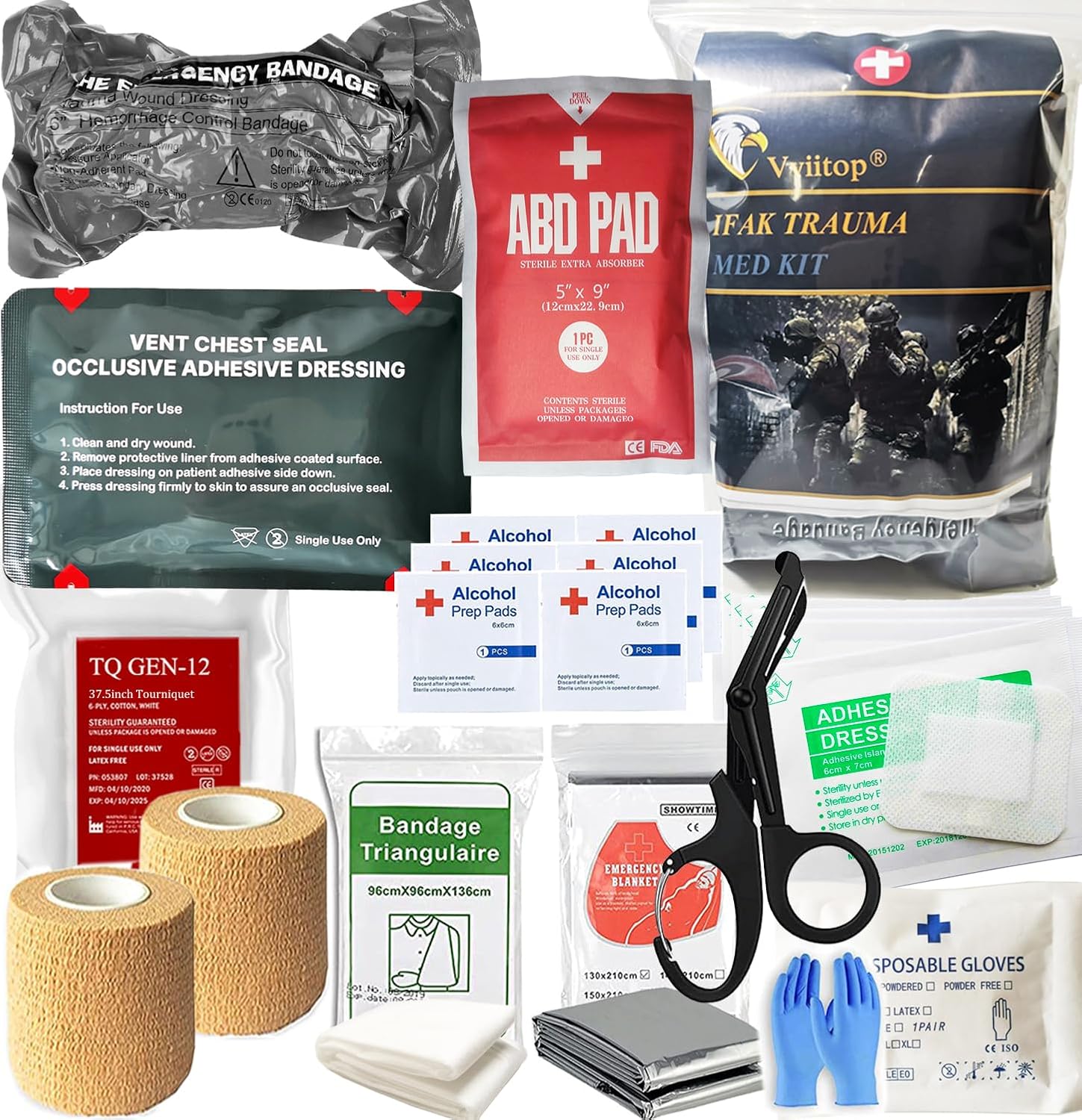 Trauma Refill Package Med Pack IFAK First Help Package | Vented Chest Seal | TQ | Israeli Bandage | Bandages | Compressed Gauze | Bleeding Management Pack Feat Med EMT Kits (Intermediate)