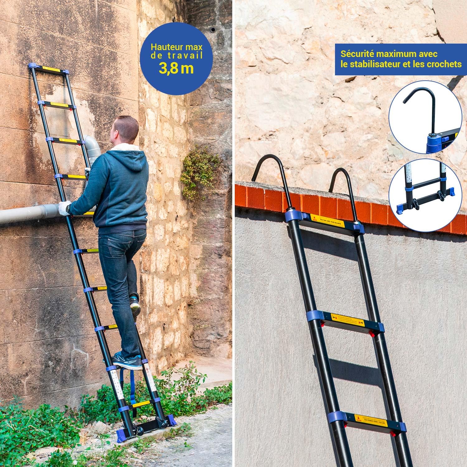 HOSTRÖM Echelle telescopique 2,9m TELESCOVA9+, Aluminium, Pliable, Extensible, Multi-Fonction, H Travail Max 3,8m, Crochets Amovibles, Garantie 5 Ans