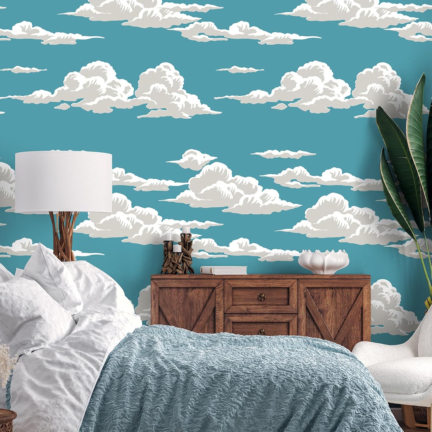 VaryStyle 17.7"x393" Blue Sky Wallpaper White Cloud Peel and Stick Wallpaper for Nursery Bathroom Waterproof Vinyl Wall Decals Removable Decorative Clouds Contact Paper for Kids Room Ceilings Drawers