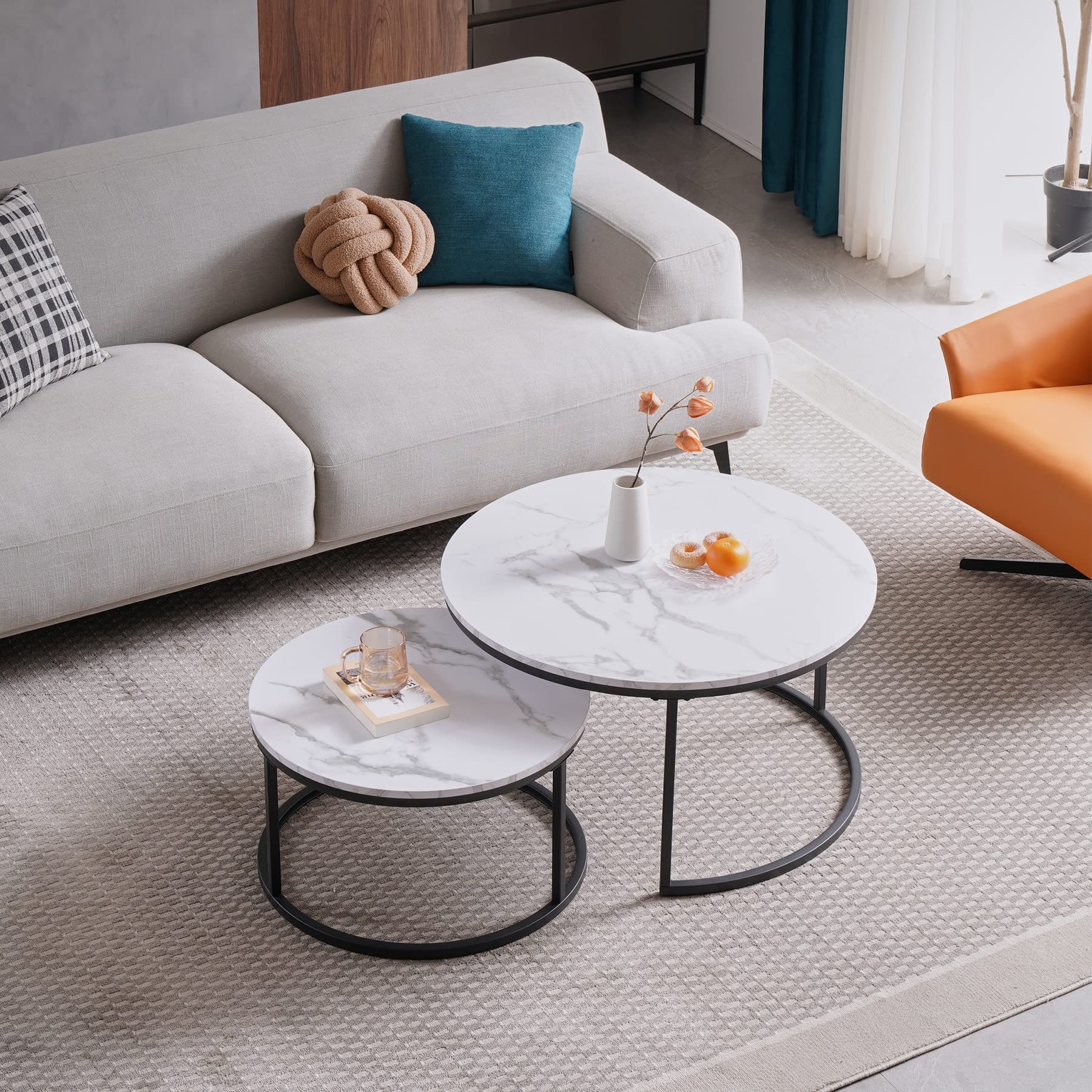 Juego de 2 Mesas de Centro Nido con Estructura Negra; Mesas de Centro Redondas Modernas para Salón, Dormitorio, Balcón, Oficina. Grande: 60*60*45cm; Pequeño: 40*40*35cm (Blanco/Negro)