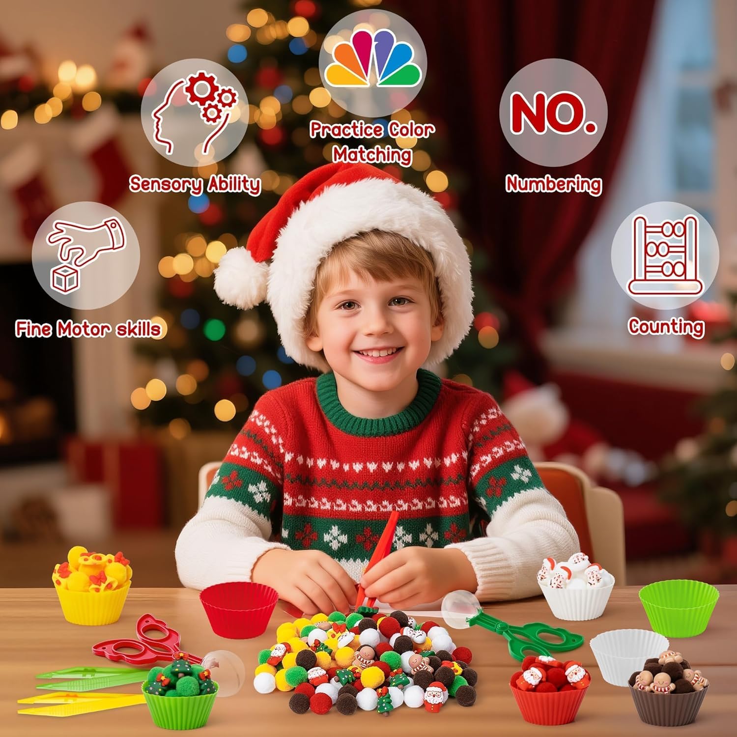 Summer Sensory Bin Fillers - 266Pcs Summer Gift Fine Motor Toys Counting Sorting Toys for Kids, Plastic Bead with Santa Claus Xmas Tree Cup Clip for Preschool Education Activities