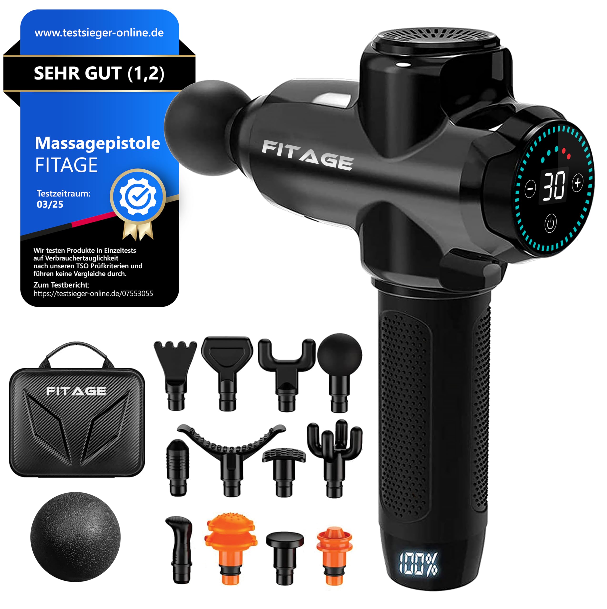FITAGE Massagepistole, Leises Massagegerät mit 30 einstellbaren Geschwindigkeitsstufen, Massage Gun, 12 Aufsätze für Tiefengewebe Schulter, Rücken und Ganzkörperentspannung, Massage-Pistole – Original