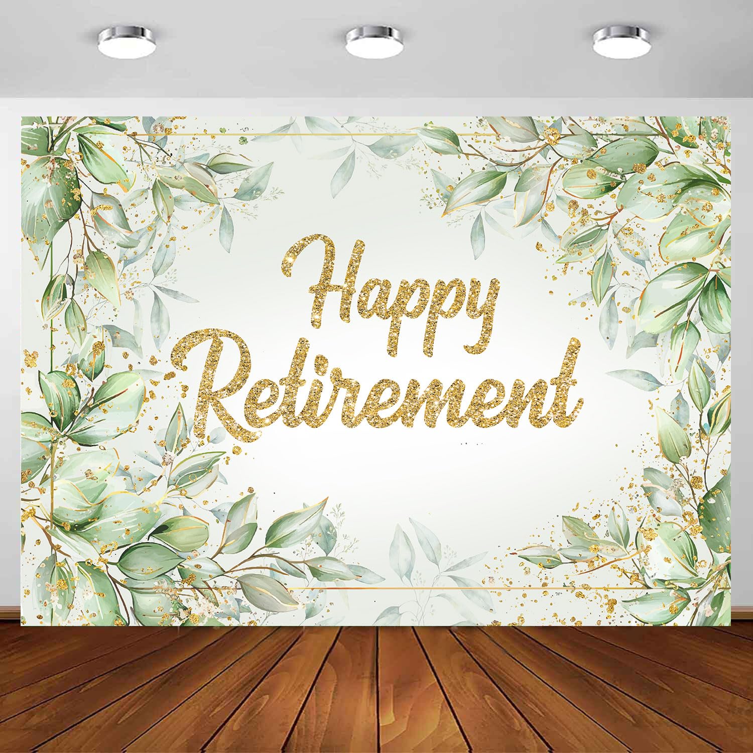 Happy Retirement Backdrop, Golden Glitter Sage Green Eucalyptus Leaf Background, Rrtirement Sign Banner Party Decoration Photography Photo Props