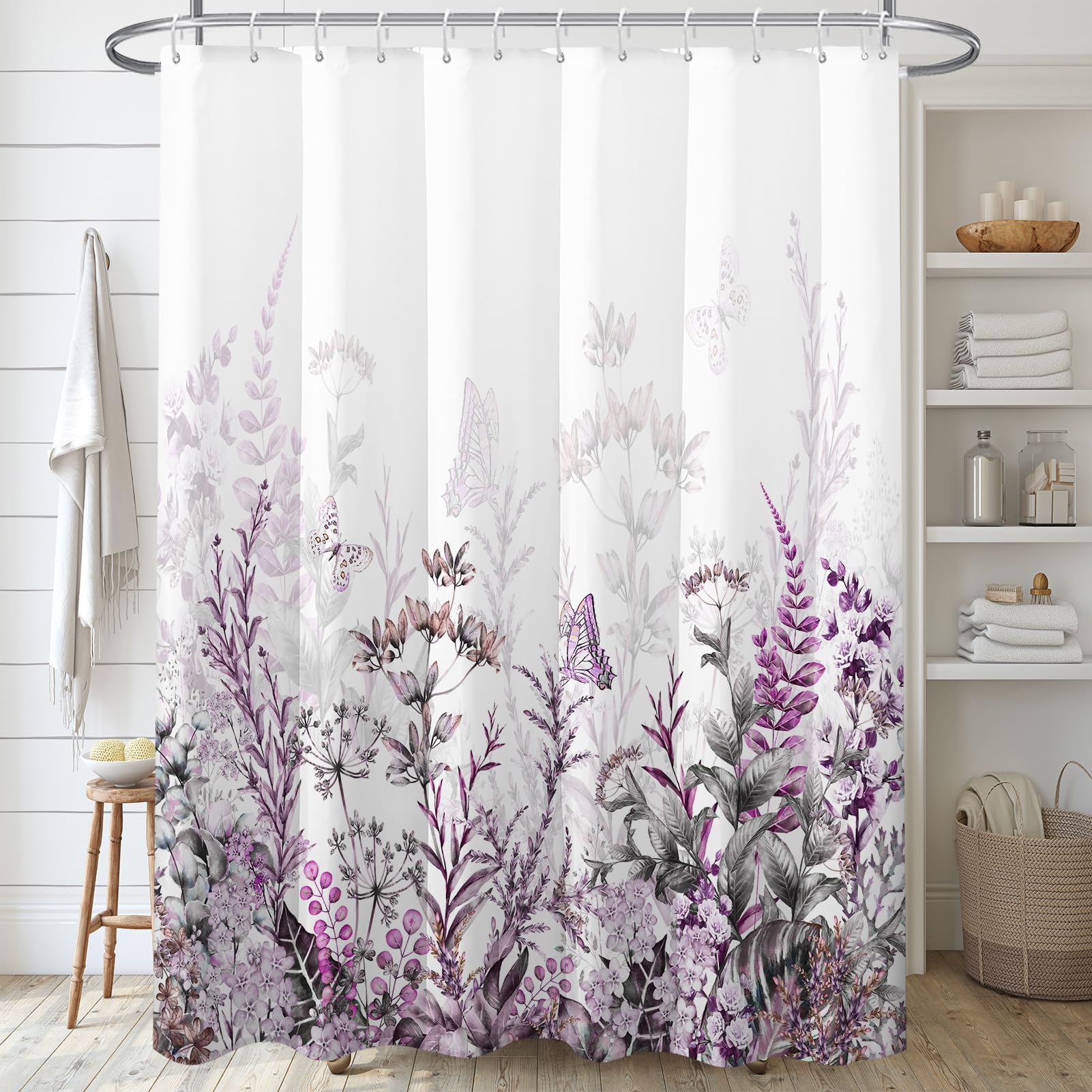 Wildflower Butterfly Shower Curtain – Colorful Floral Bathroom Decor, Waterproof Fabric, 70x84 Inch