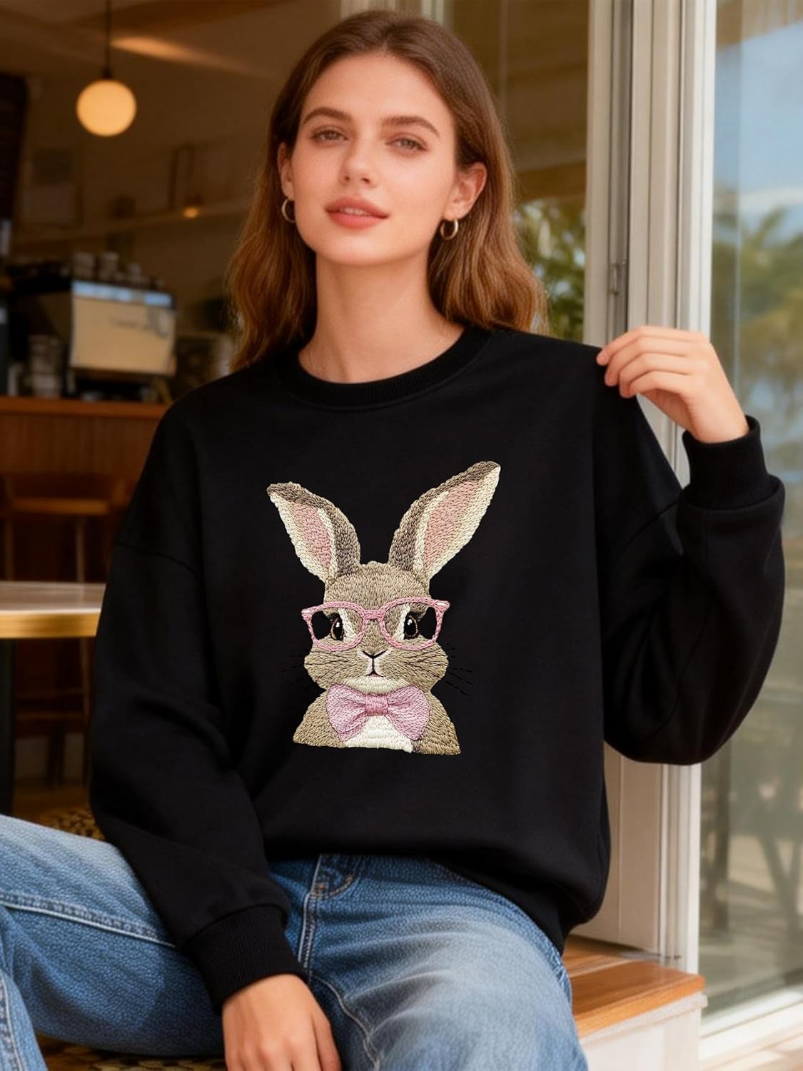 Retro Easter Bunny Sweatshirt Coquette Bow Bunny Ears Sweatshirt Easter Shirts for Women - Image 6