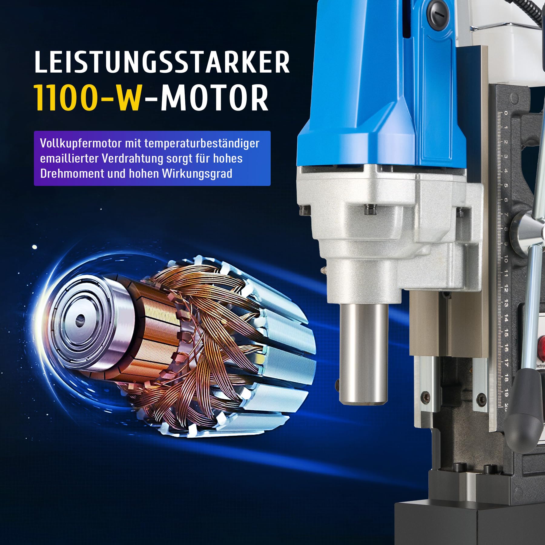 ZELCAN Magnetbohrmaschine 1100W Tragbare Tischbohrmaschine Kernbohrmaschine Max Ø 40 mm 550 U/min variable Geschwindigkeit Magnetkraft 12000N für alle Oberflächen und Heimwerkerarbeiten