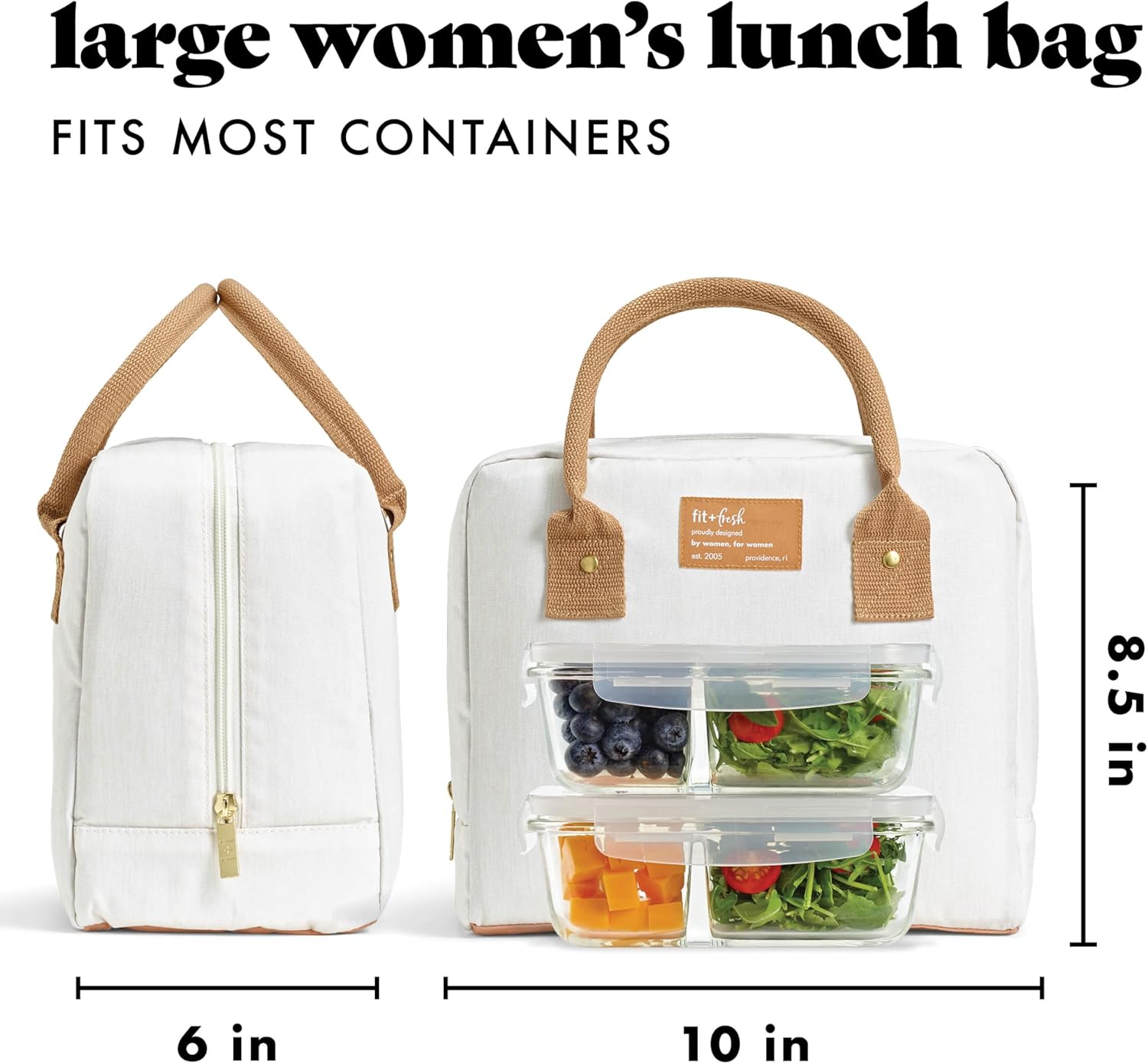 Fit & Fresh Lunch Bag For Women, Insulated Womens Lunch Bag For Work, Leakproof & Stain-Resistant Large Lunch Box For Women With Containers, Zipper Closure Bloomington Bag, Ivory Woven - Image 4