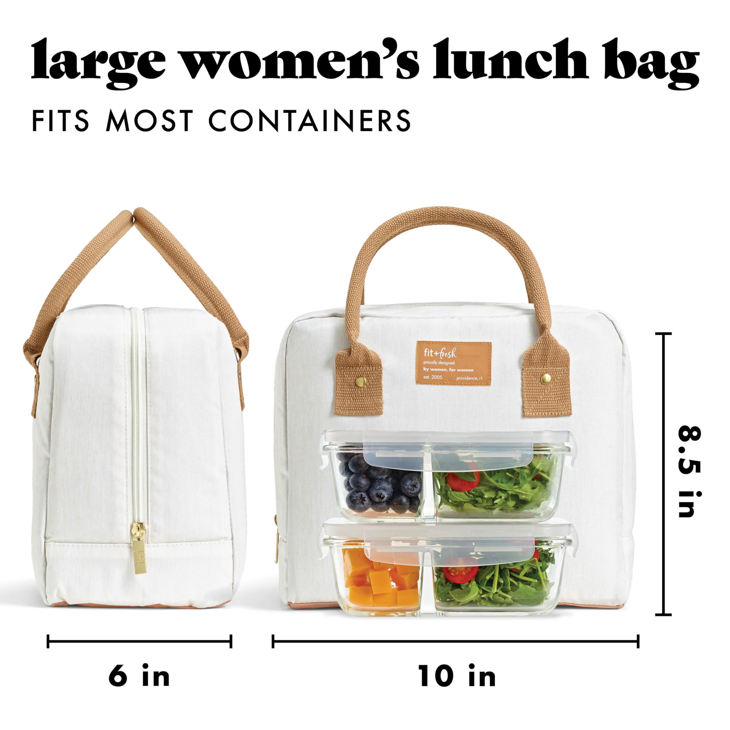 Fit & Fresh Bolsa de almuerzo Bloomington para mujer, bolsa de almuerzo isotérmica para el trabajo, impermeable y resistente a las manchas, gran caja de almuerzo para mujer con envases, cremallera,