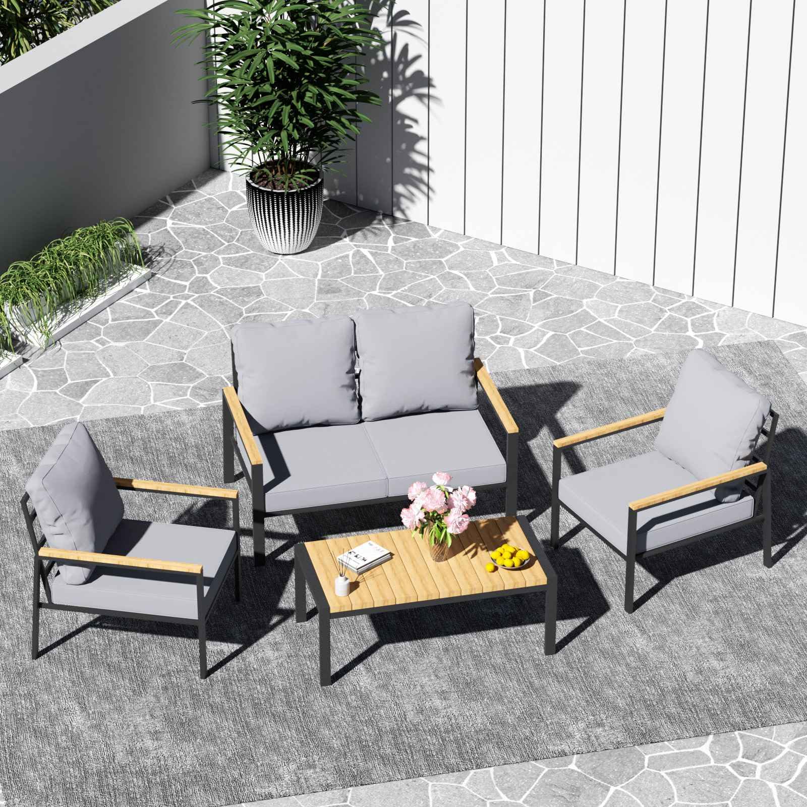 BIRCHTREE 4-Seater Garden Furniture Set Conversation Set with Coffee Table