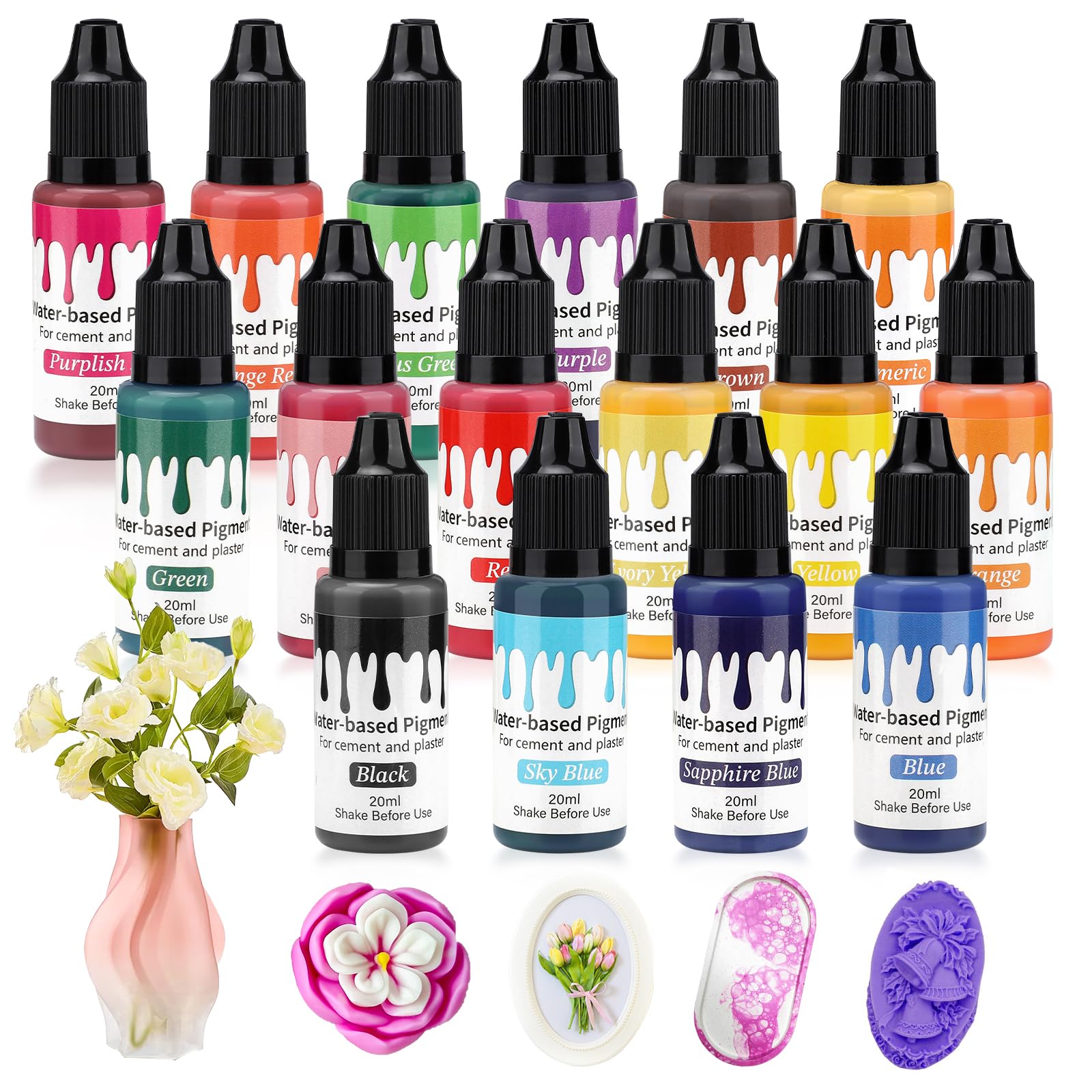 Farbpigmente für Gießpulver, Pigment auf Wasserbasis, 16 Farbe für DIY Farbpigment Kreatives Design, Konzentrierte Gießpulver für Betonfarbe, Gips, Zementfarbe für Modellbau Projekte-je 20ml