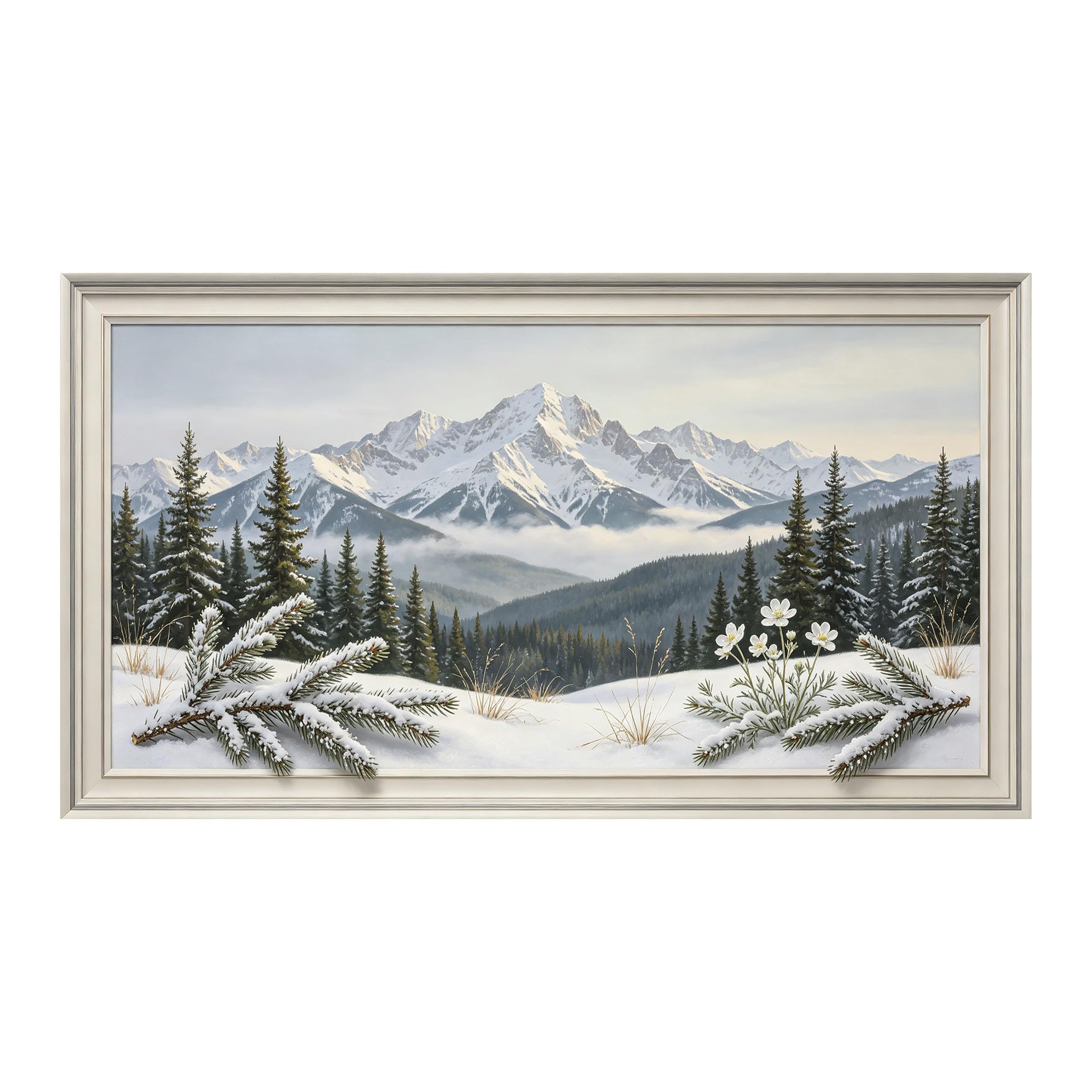 Yzpallescene 3D Framed Wall Art 50cm×100cm Snowy Mountain Alpine Forest Botanical Realistic Landscape Large Size SelfAdhesive Removable Wall Decor Prints Artwork for Living Room Bedroom Office