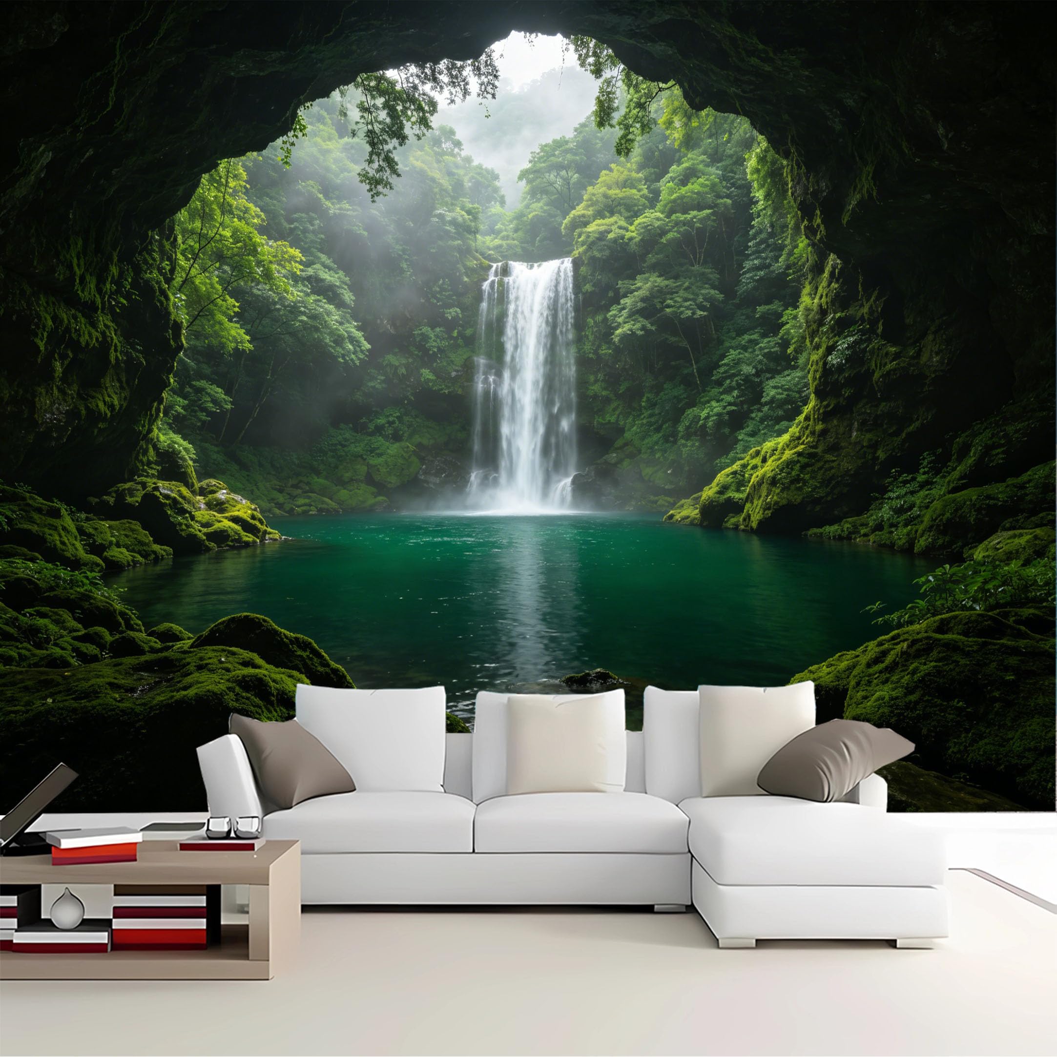 Custom Size Wall Mural Cave View Waterfall Forest Removable Self Adhesive Peel and Stick Wallpaper for Bedroom Living Room Dining Room