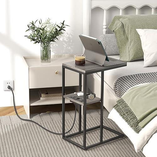 Miniatura 51 de Yoobure Mesa auxiliar en forma de C con estación de carga para sala de estar, dormitorio, mesa de sofá con puertos USB y salidas para espacios