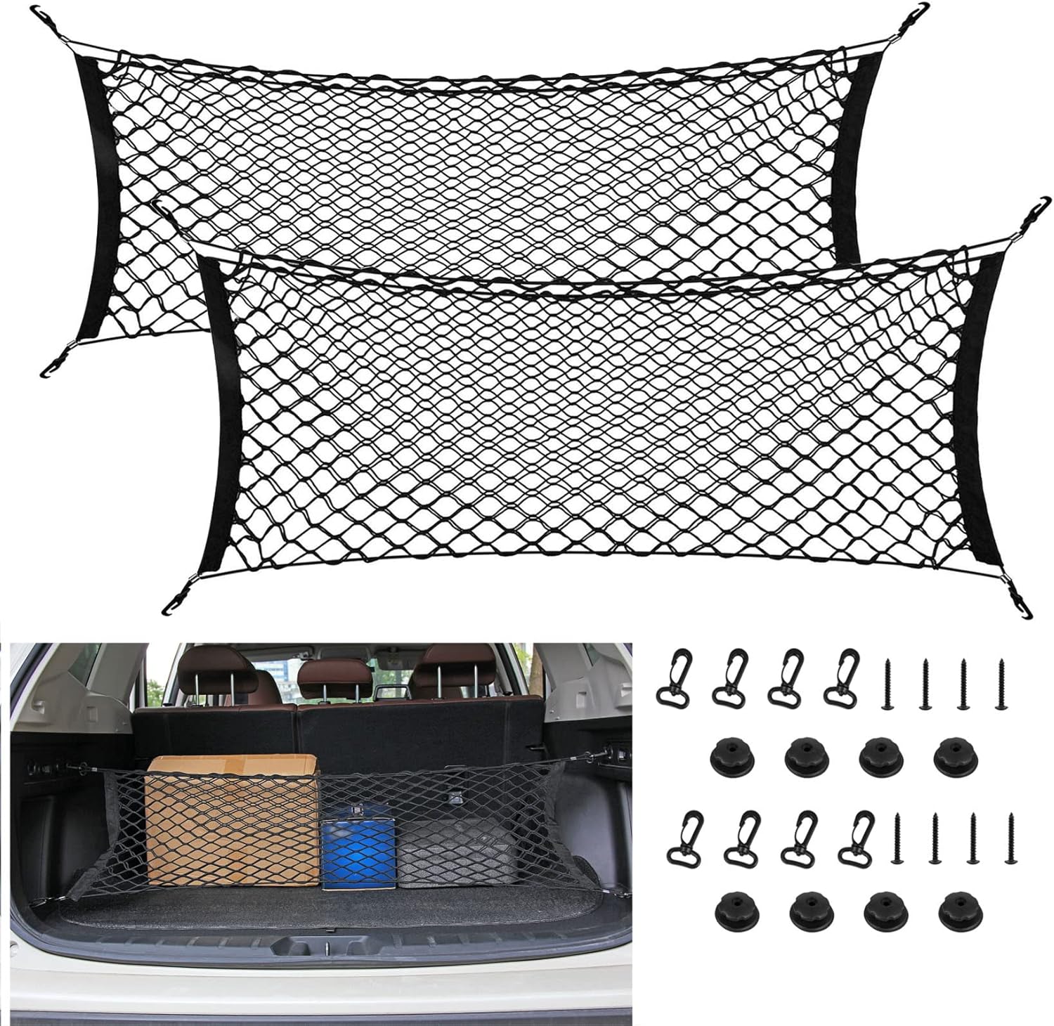 2pcs Rear Cargo Nets for SUV, 35'' 48'' Adjustable Car Trunk Cargo