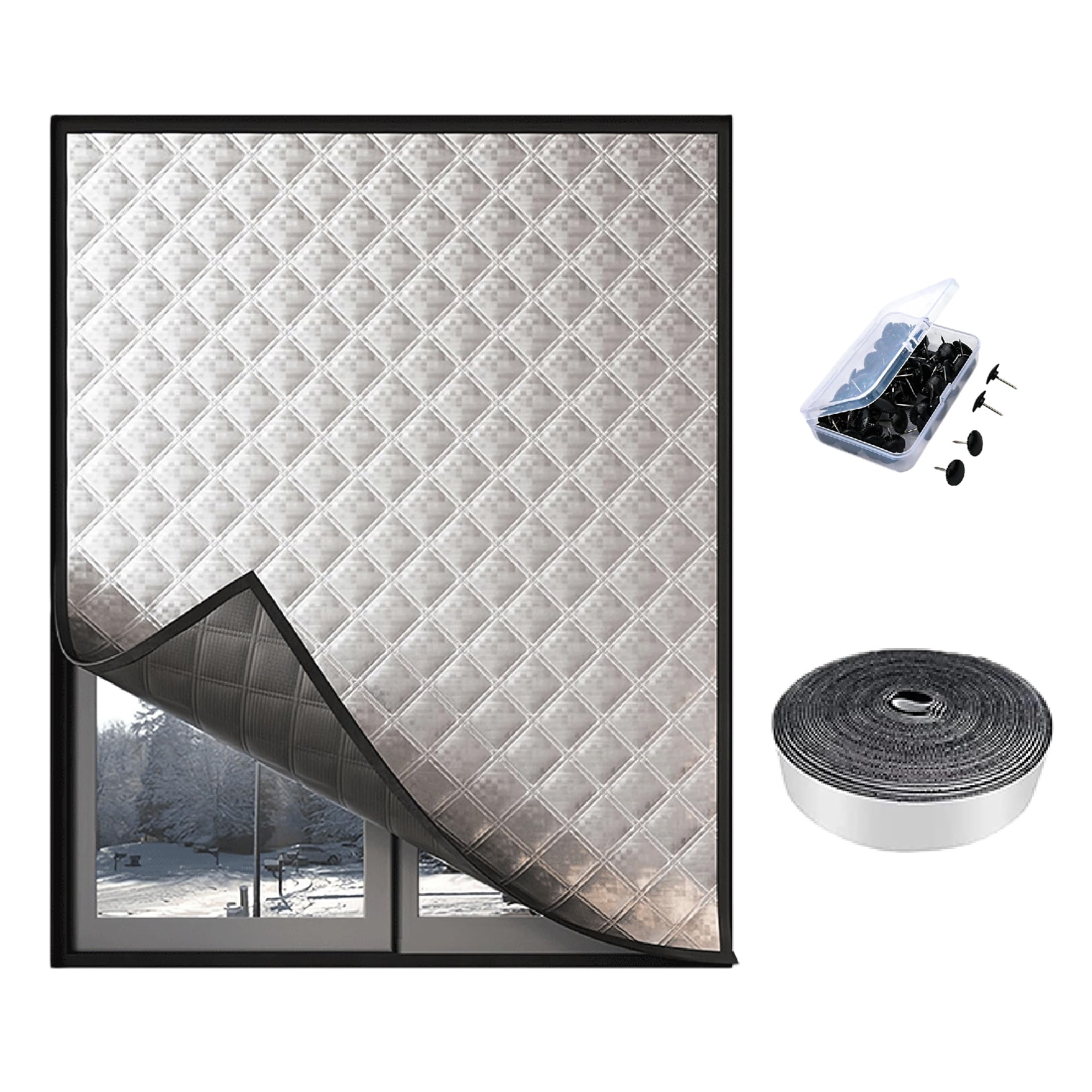 Fenster Wärmeschutz Set 95 x 440 cm Oxford Gewebe Dick Baumwollfüllung Isolierfolie für Fenster Winterfest Machen Einfache Montage Ohne Bohren für Balkontür Terrassentür, Silber