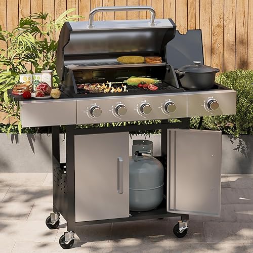 Aoxun 4-Burner Propane Grill with Side Burner, 49000 BTU Gas Grill, Stainless Grill with Cast Iron Grates & Side Tables for Backyard, Patio, Camping, Black and Silvery