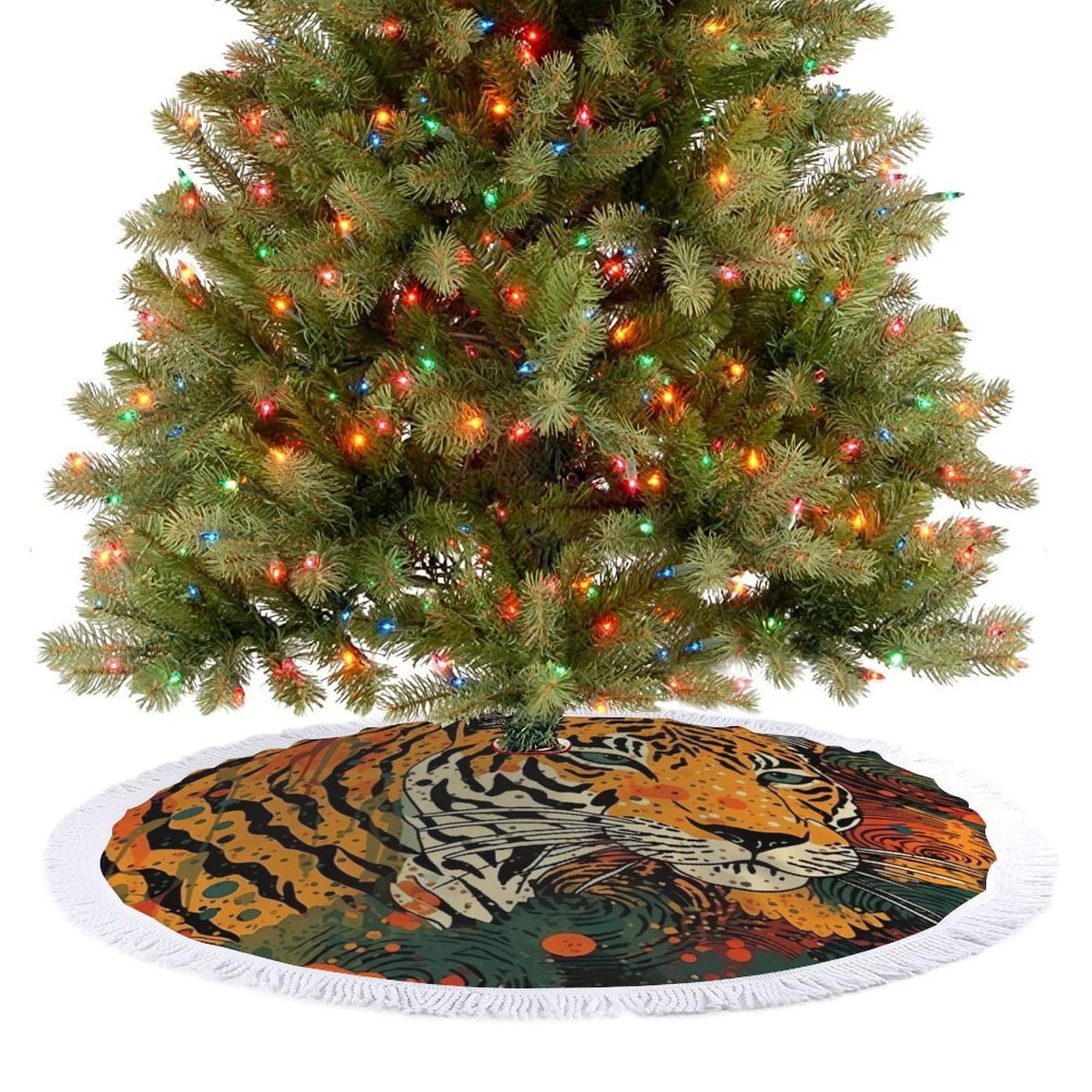 Tiger Botanical Print Christmas Tree Skirt 36"x36" Rustic Xmas Tree Mat with Tassel Ornament Christmas Trees Cover Skirt Mat for Evergreen Trees Ornament Winter Holiday Mats Decorations