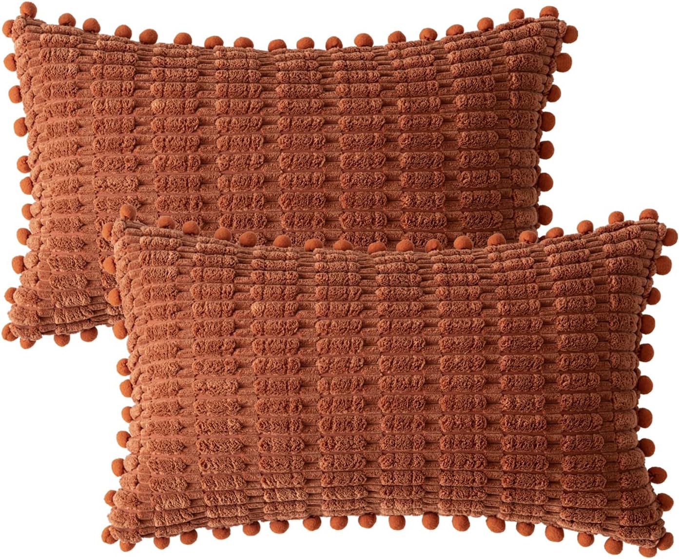 MIULEEBurnt Orange Corduroy Decorative Throw Pillow Covers Pack of 2 Pom-pom Soft Boho Striped Pillow Covers Fall Modern Farmhouse Home Decor for Sofa Living Room Couch Bed 12x20 Inch