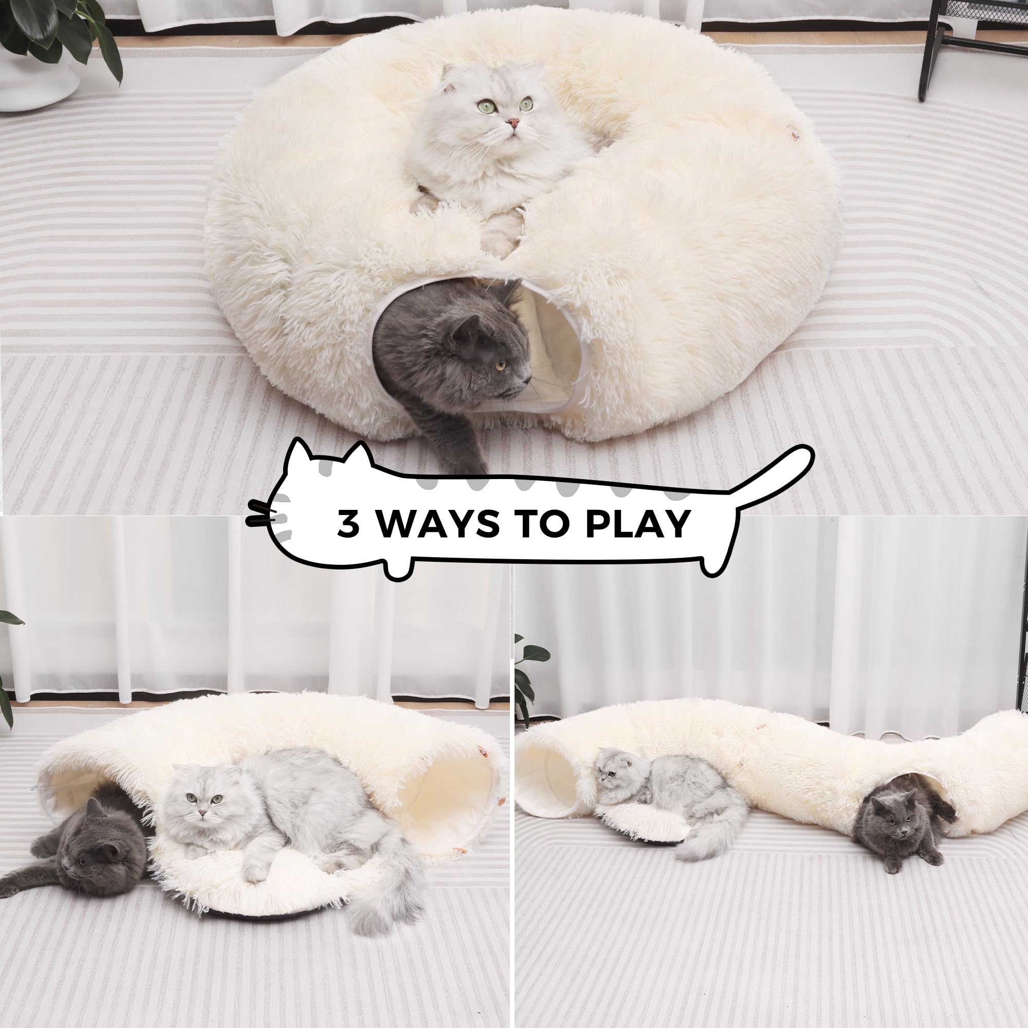 Túnel de felpa para gatos con cama para gatos de interior, túnel multifuncional para gatos pequeños, medianos y grandes, gatitos, conejos, cachorros (blanco)