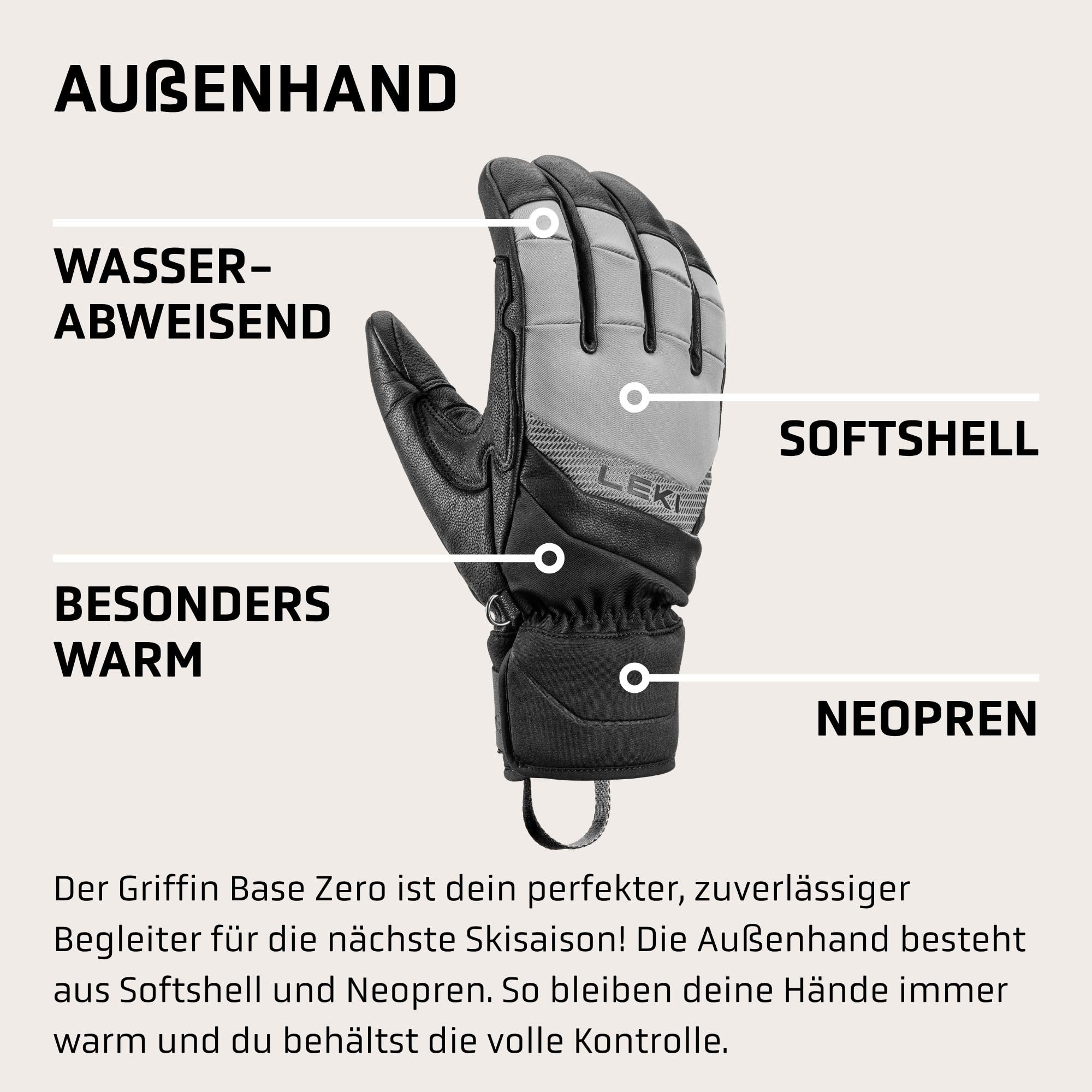 LEKI Griffin Base Zero - Guantes de esquí para Hombre, Resistentes al Agua, cálidos Guantes de Invierno de Softshell, Neopreno y Piel de Cabra
