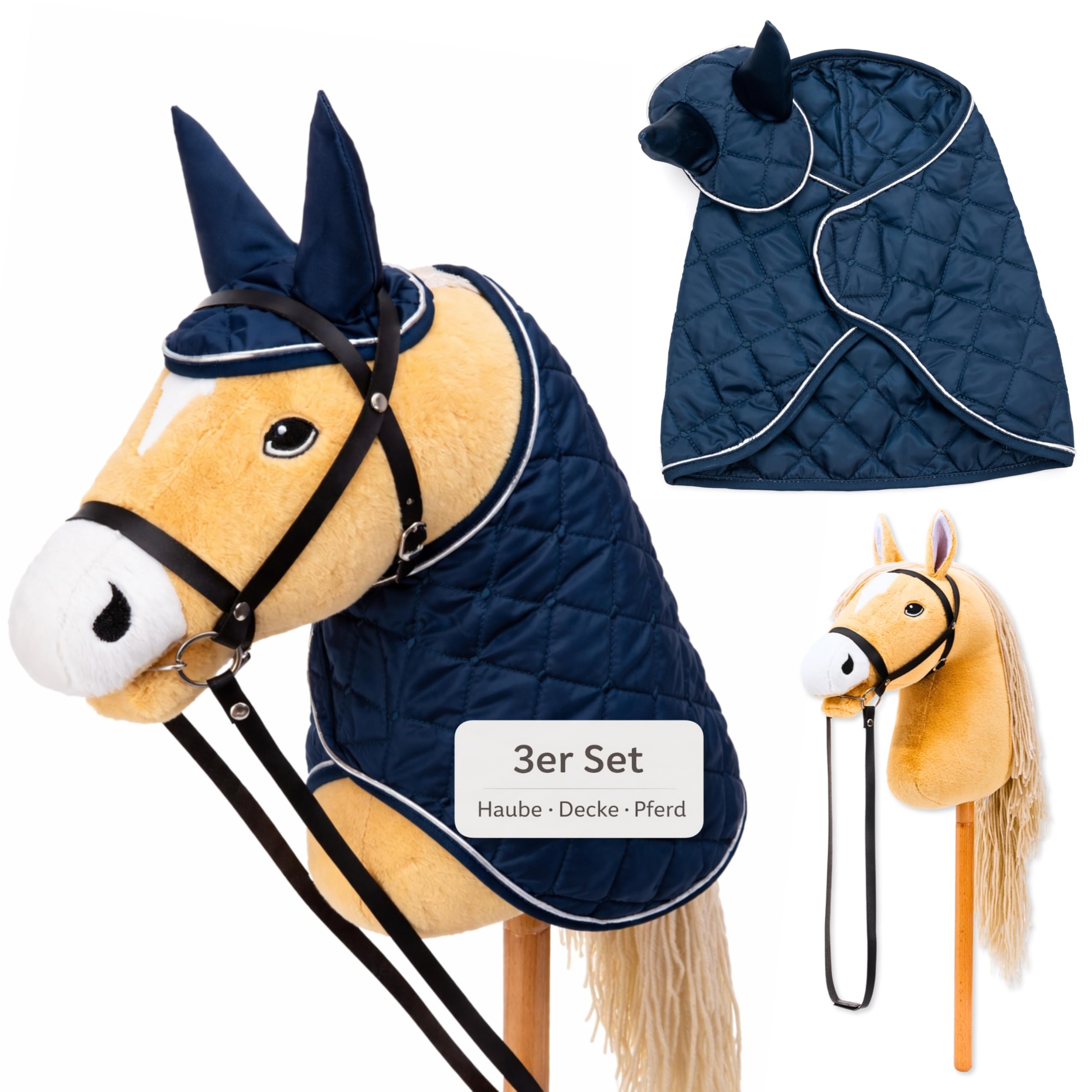 Hobby Horse Set – Großes Steckenpferd für Kinder mit Decke & Fliegenhaube | Komplettes Hobby Horsing Set mit Trense & 35 cm Schraubstab | Beiges Pferd – Blaues Zubehör