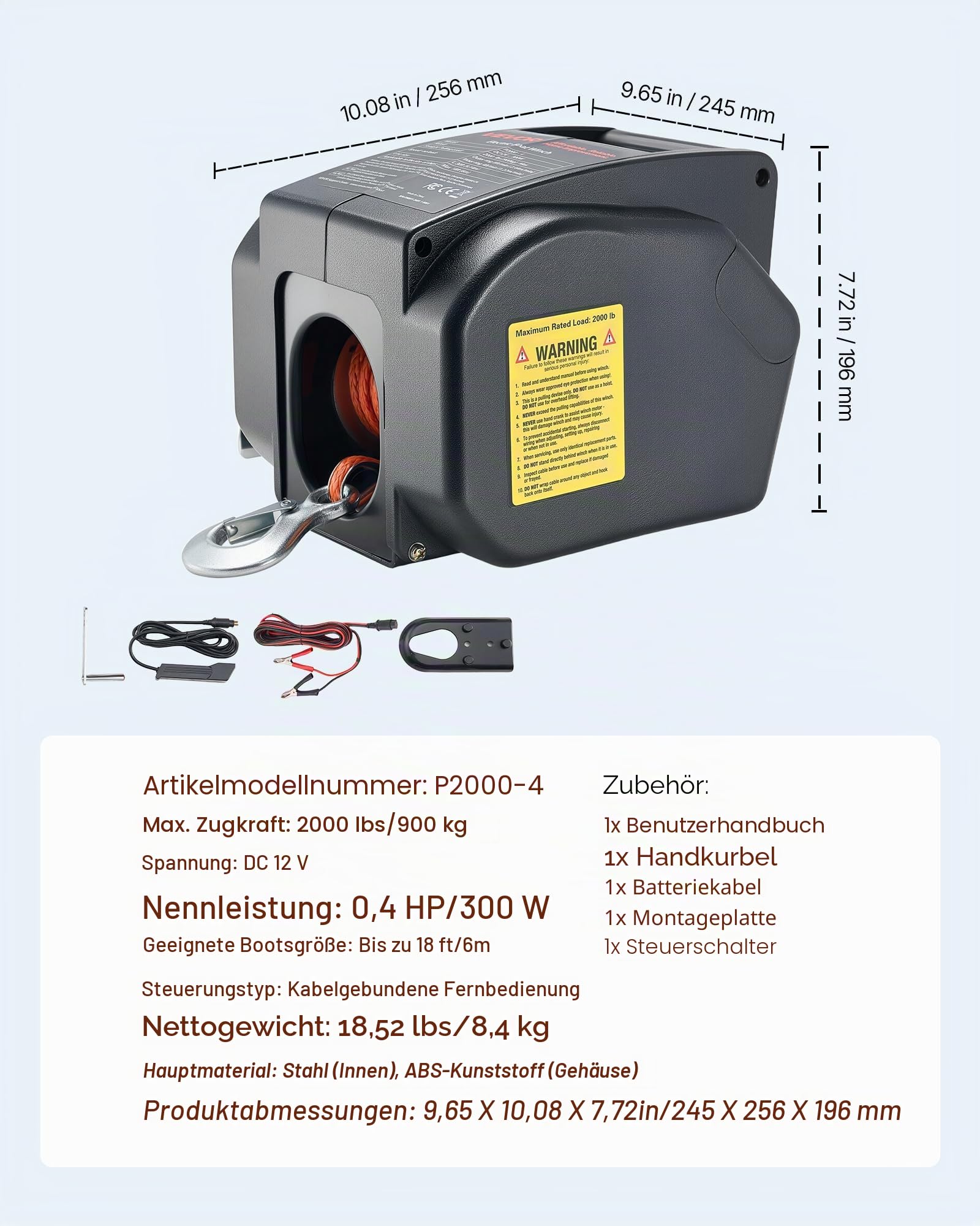 VEVOR Elektrische Seilwinde, 12 V DC 300 W, umkehrbare Bootwinde für Boote bis 900 kg, Power-In-, Power-Out- & Freilaufbetrieb für Boote mit kabelgebundener Fernbedienung & Handkurbel
