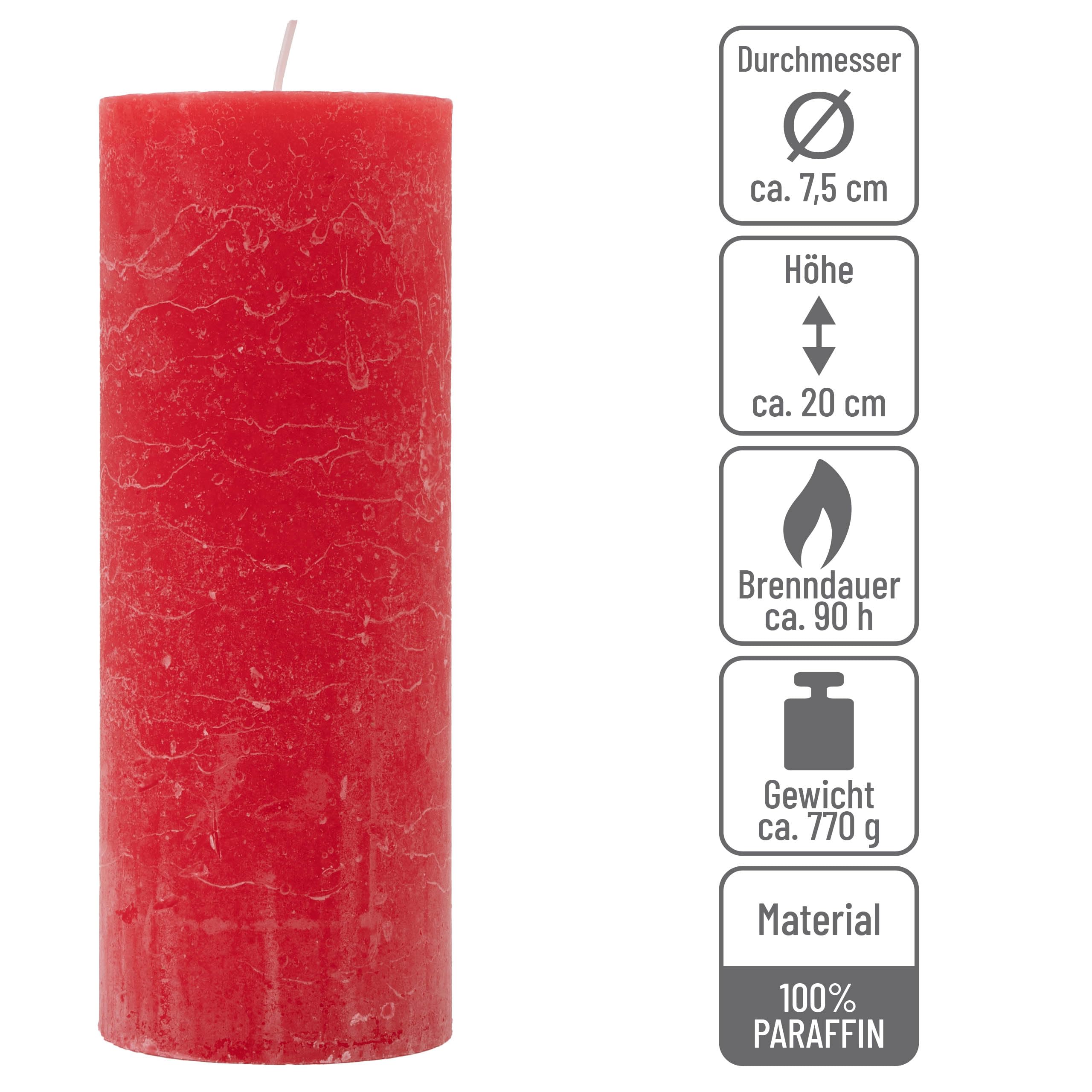 Rustik-Kerze Höhe 20 cm Ø 7,5 cm lange Brenndauer Rund-Kerze Säulenkerzen Kerzen-Deko Tafelkerzen Weihnachts-Kerzen Hochzeits-Deko (rot, 2)