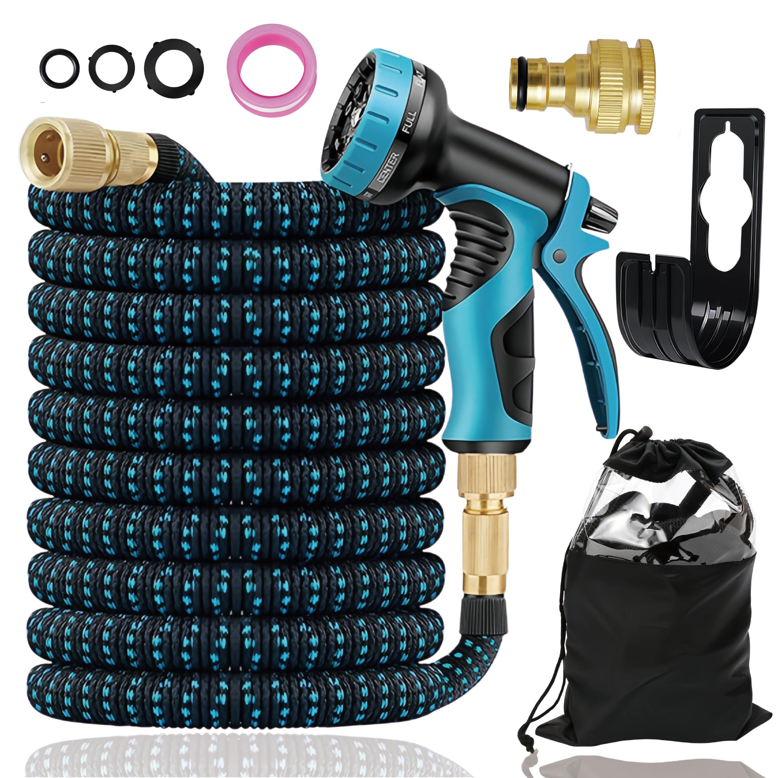 Feveqher Expandable Garden Hose Pipe, Upgraded 3-Layer Latex No-Kink Flexible Water Hose, 3/4"&1/2" Metal Connectors, 10 Function Spray Nozzle, Hose for Gardening, Washing & Cleaning(75FT)
