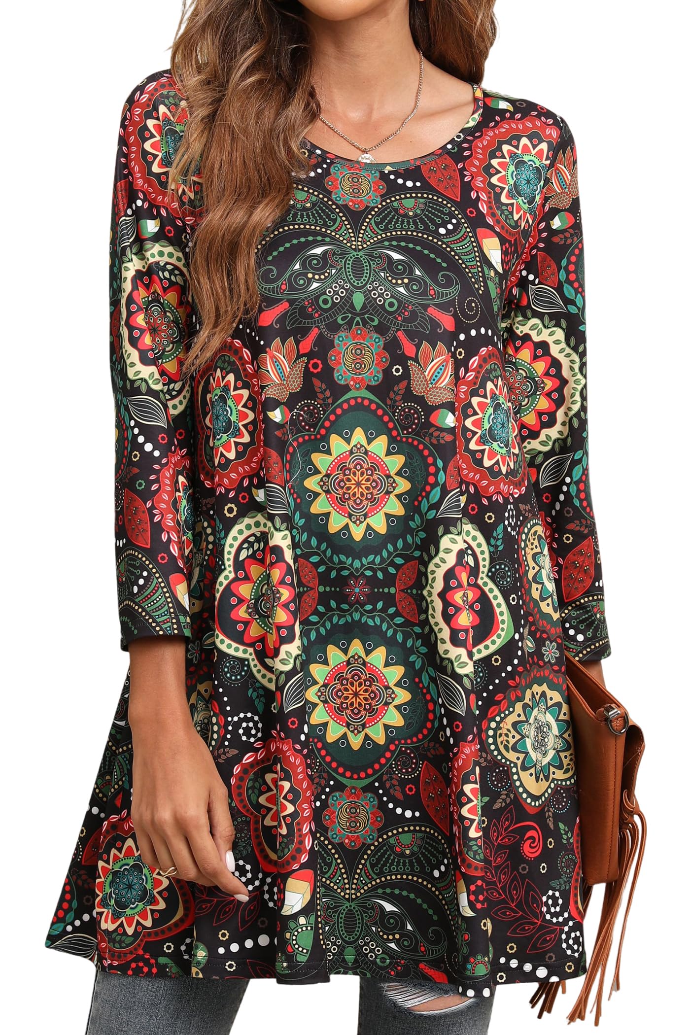 ENMAIN Women's Tops 3/4 Sleeve Dressy Casual Plus Size Tunic Tops to Wear with Leggings Swing Flare T-Shirt Loose Fit Blouses