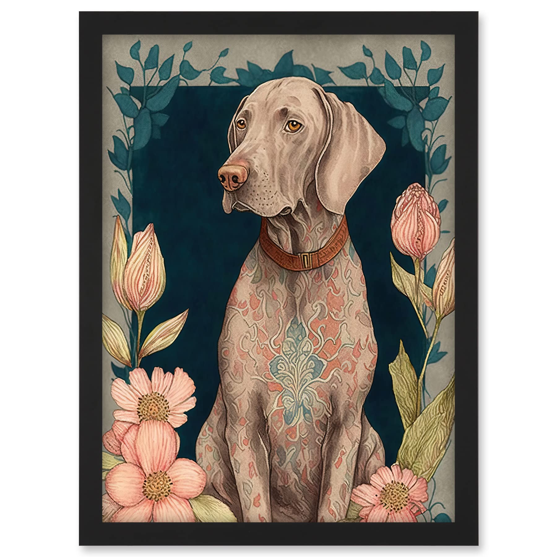 Artery8 Grey Weimaraner Dog with Ornate Pattern Fur Coat and Flowers Modern Art Nouveau Illustration Artwork Framed A3 Wall Art Print