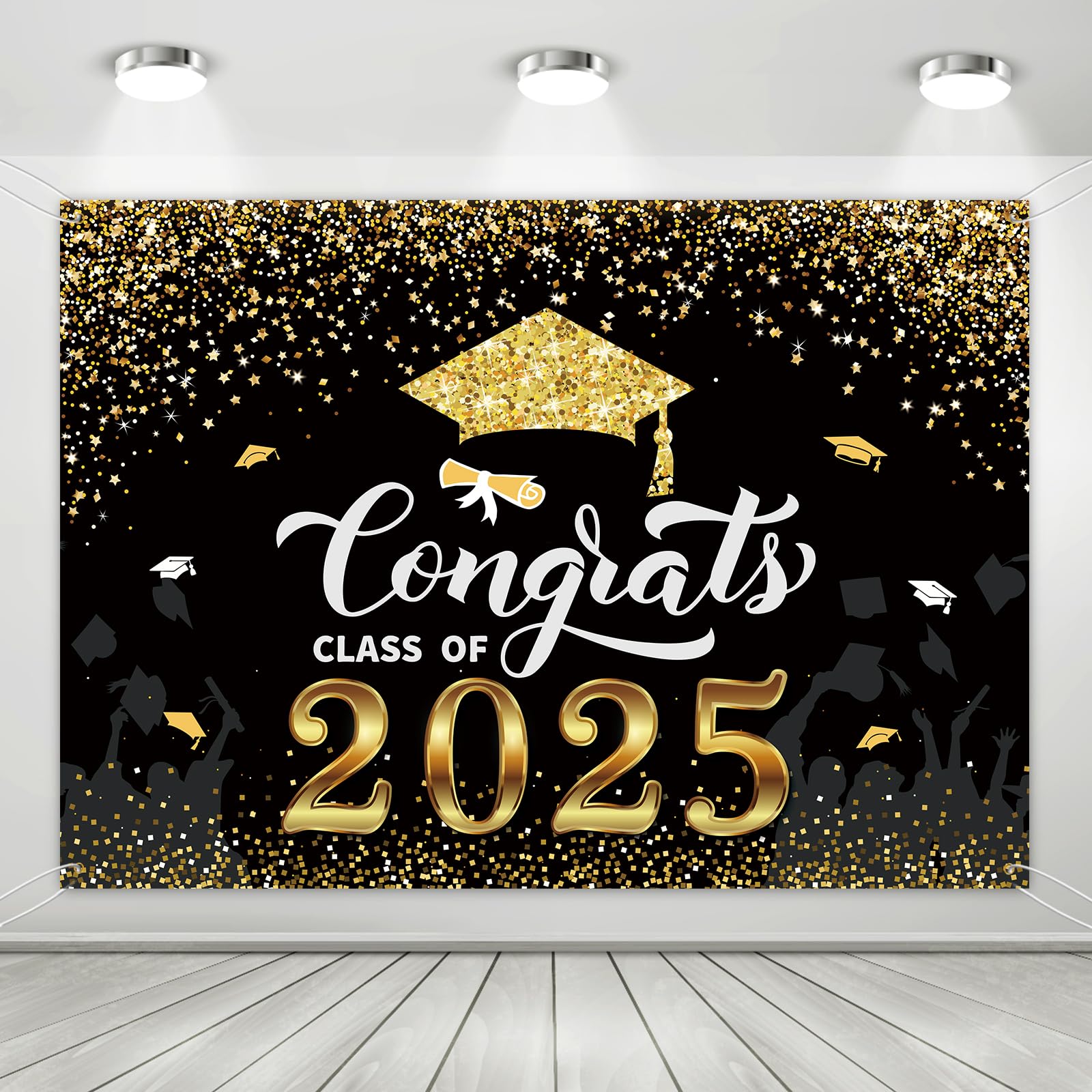 Congrats Class of 2025 Backdrop Black Gold Glitter Graduation Party Decorations Photography Background, 2025, Graduation Celebration Prom Party