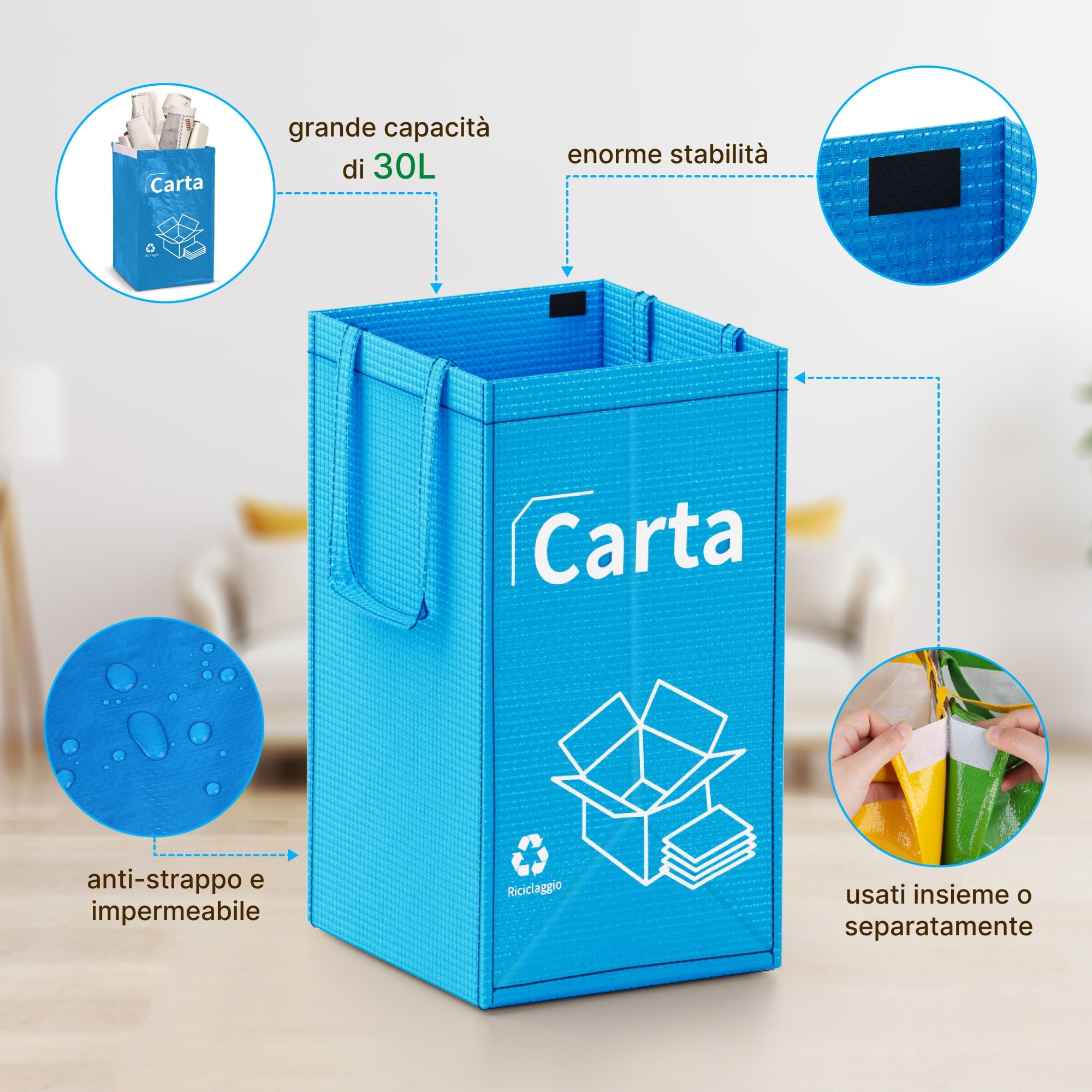 Opret Borse Raccolta Differenziata 30L, 3 Contenitori Raccolta Differenziata Interno, Bidoni Differenziata da Interno per Il Riciclaggio di Carta, Plastica e Vetro