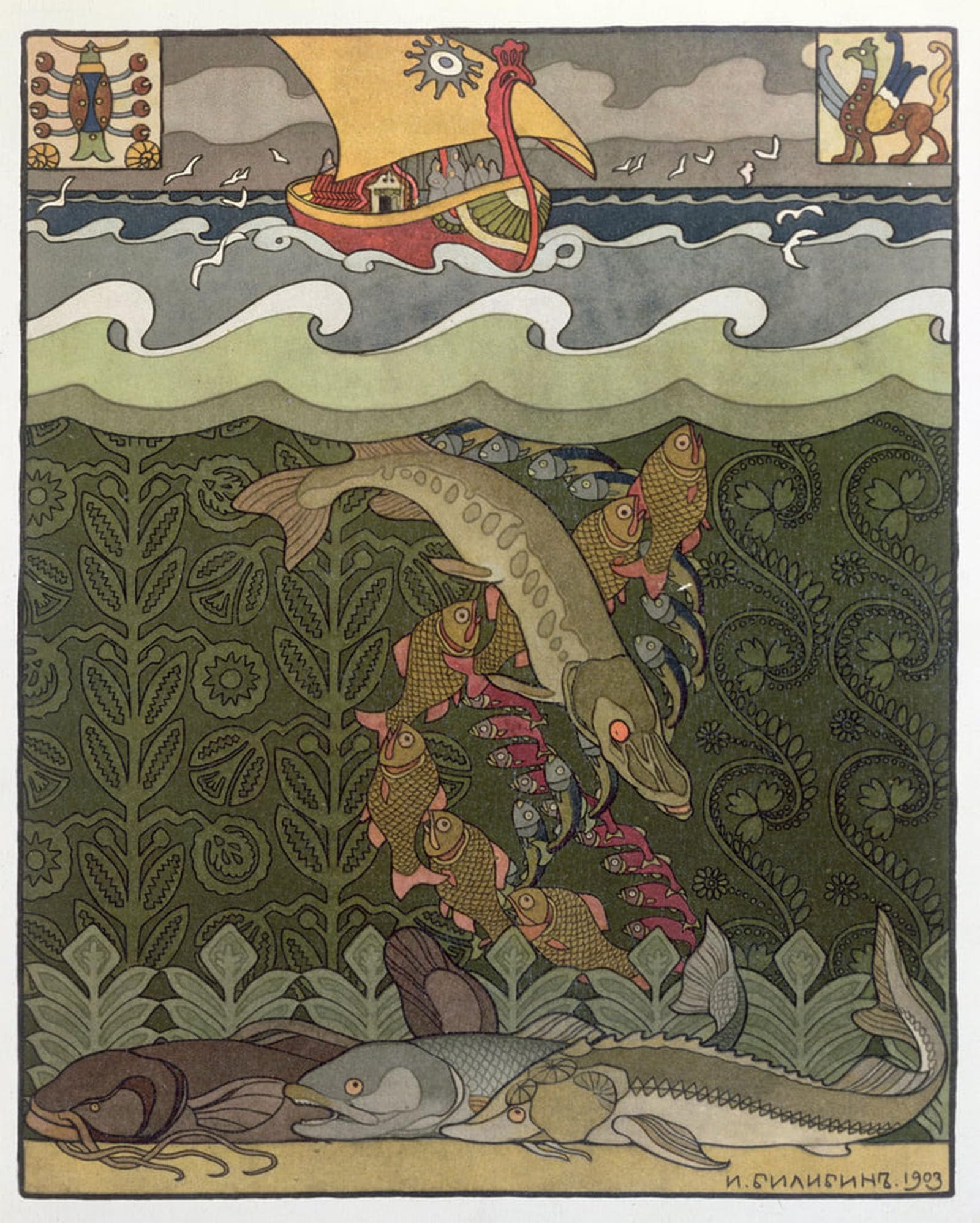 ARTXLXXBN Famous Painting Art Wall Decor Abstract Art Picture the Bogatyr Transforms Himself Into a Pike by Ivan Yakovlevich Bilibin Animal Pictures for Home Decor 60x90cm