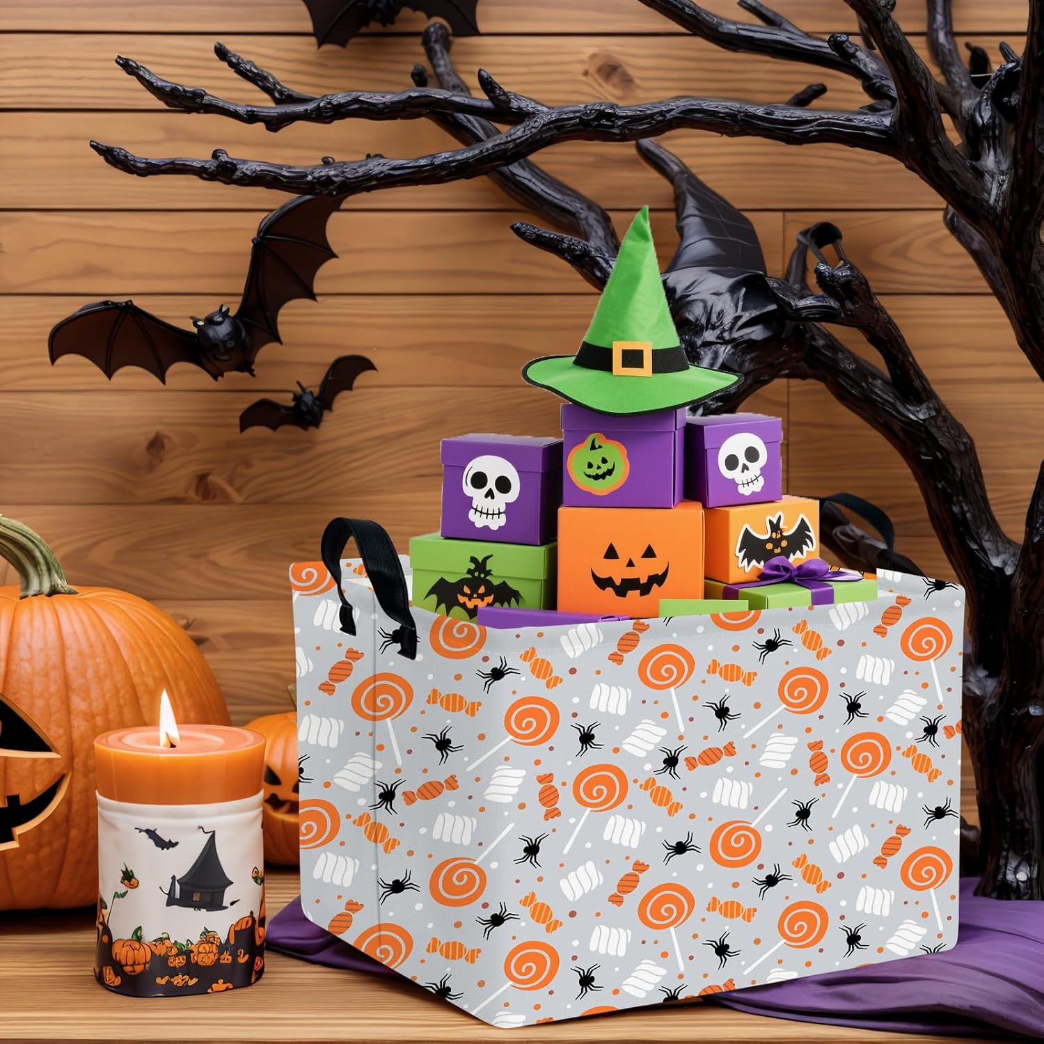 Large Halloween Themed Candy Gift Storage Basket for Kids Foldable Baby Bin Girls Personalized Decor (Yellow lollipop)