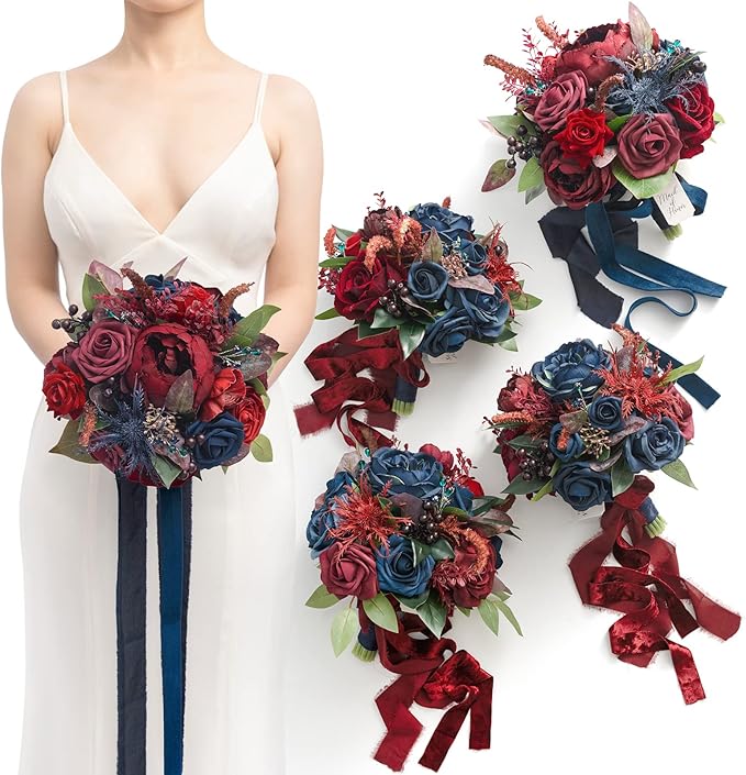 Ling's Moment 7 Inch Burgundy & Navy Blue Artificial Flowers Bridesmaid Bouquets for