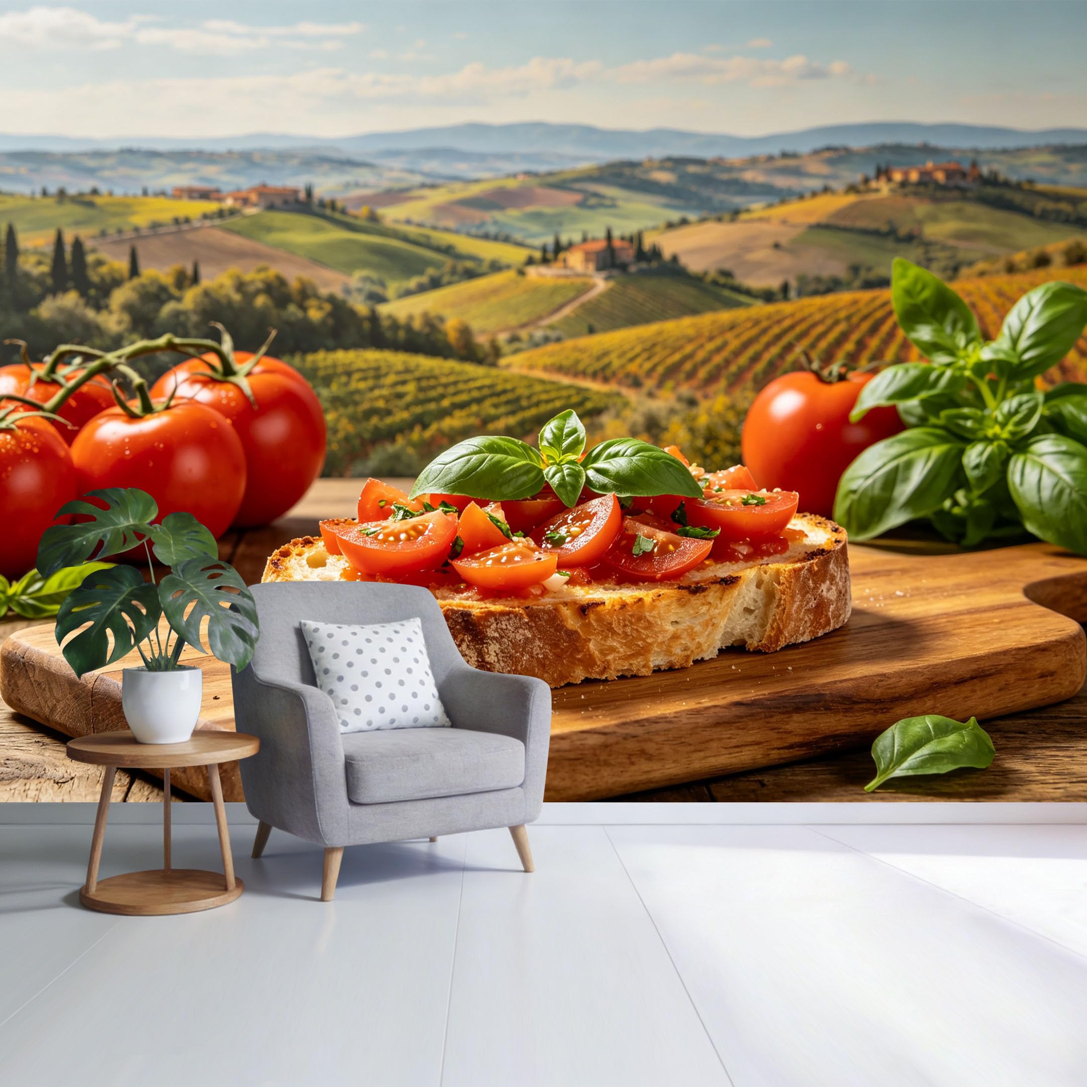 Custom Size Wall Mural Mediterranean Countryside Landscape Fresh Tomato Basil Rustic Bread Farmhouse Style SelfAdhesive Wall Fabric Removable Wallpaper for Home Office Decor
