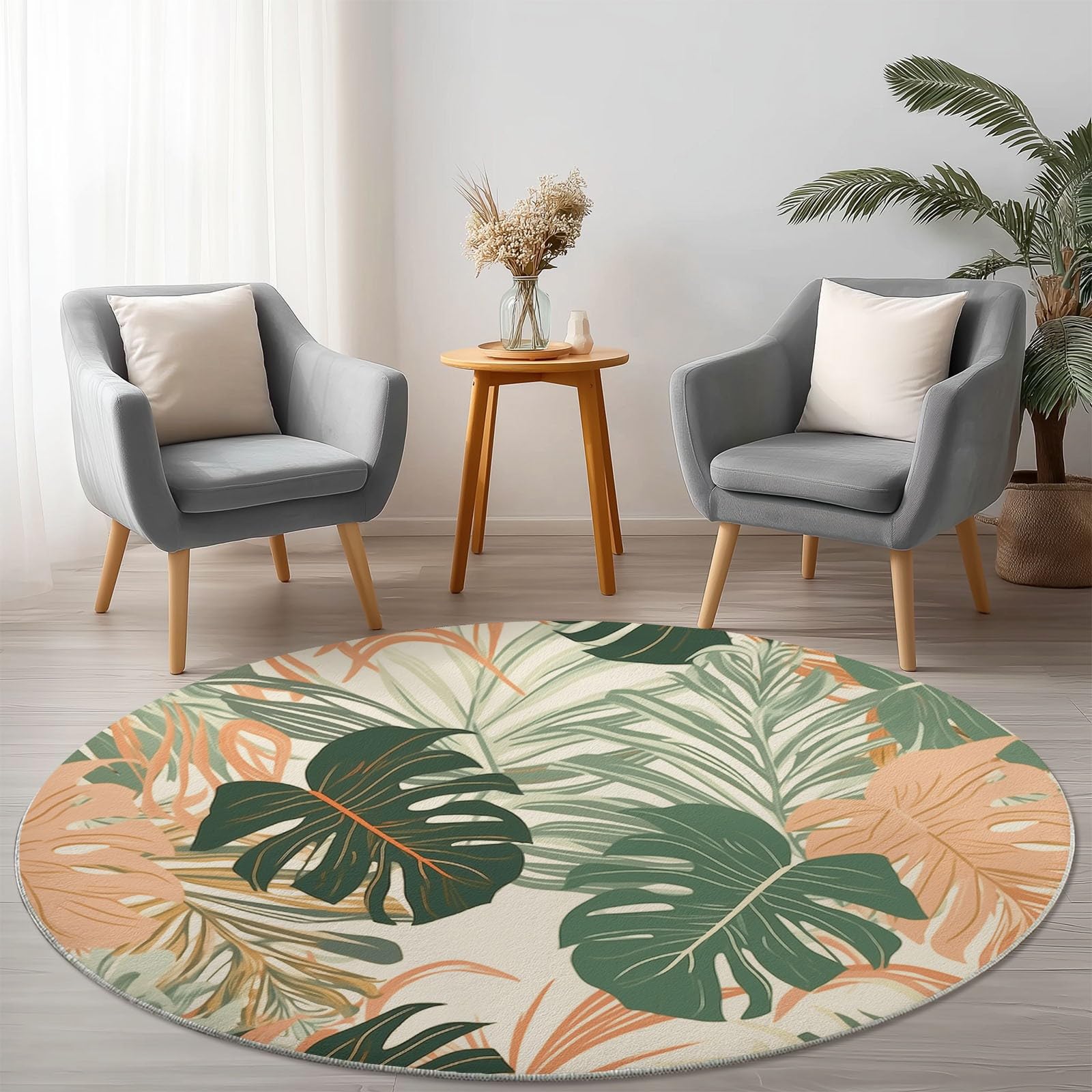 Okrągły dywan 120 cm, można prać w pralce, antypoślizgowy dywan podłogowy, niskie runo, miękki, zielony, monstera deliciosa, liście palmowe, dywan do salonu, sypialni, kuchni, pokoju dziecięcego
