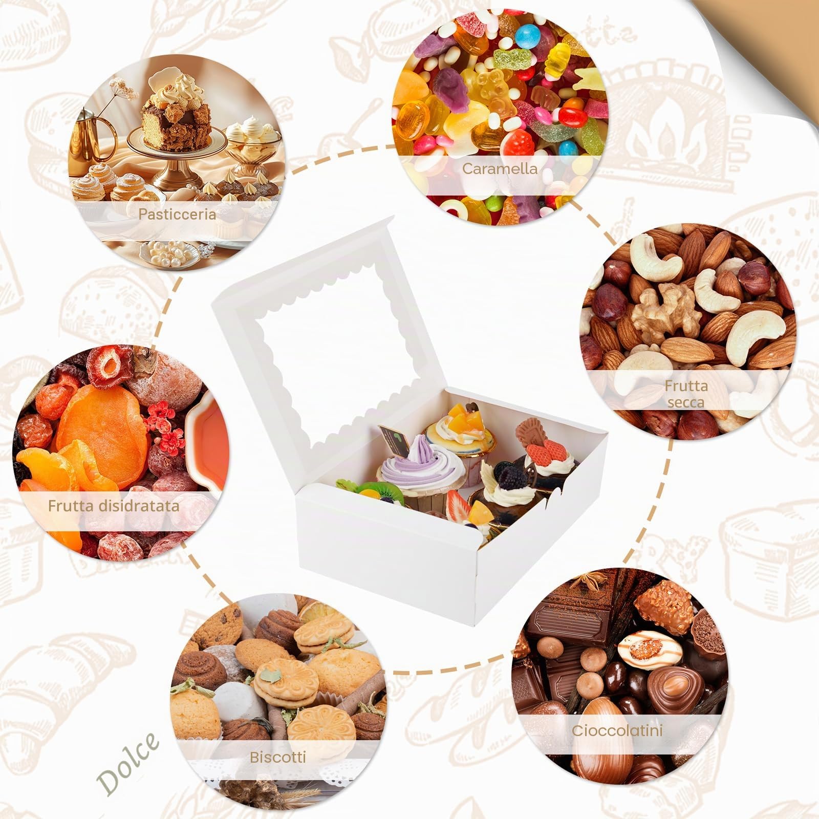Scatola per Dolci da 24 Pezzi, 22,9 x 15,3 x 6,4 cm Scatola per Torte in Cartone Bianca con Finestra Trasparente per Feste di Natale Biscotti Pasticcini Muffin Confezioni Regalo