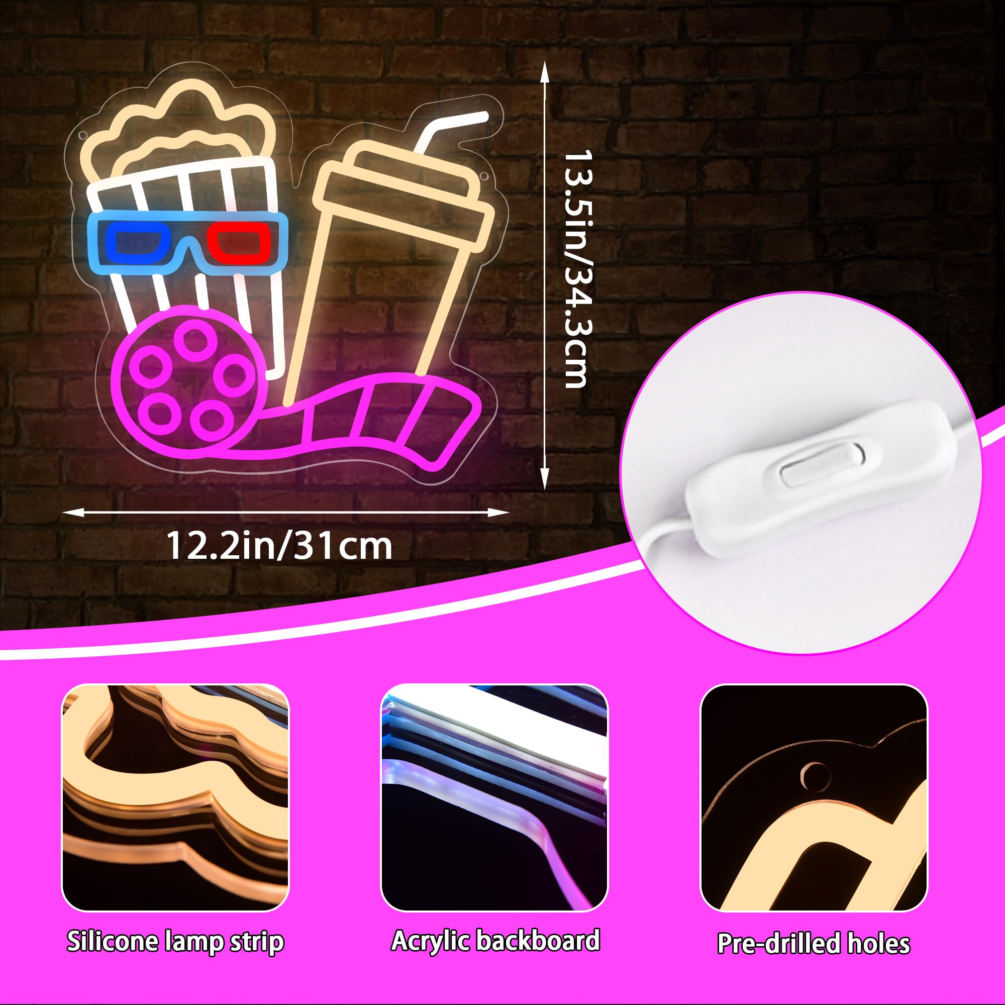 Insegna al neon con popcorn per decorazione da parete, luce al neon a led cinema per cinema, sala cinematografica, cinema, feste, decorazioni notturne per film, 31 x 34,3 cm (D263)