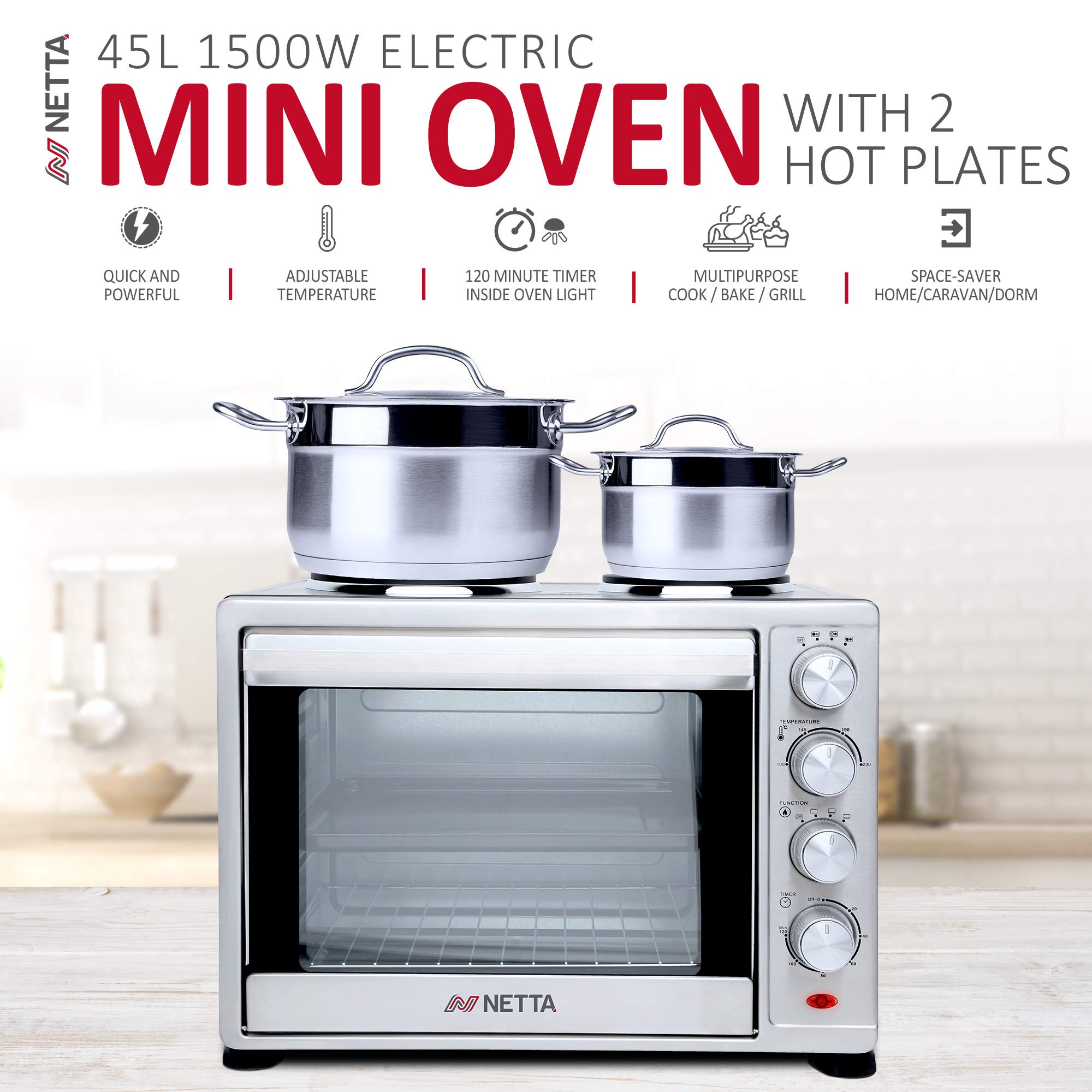 NETTA Electric Mini Oven 45L with Double Hotplate, Grill, Multiple