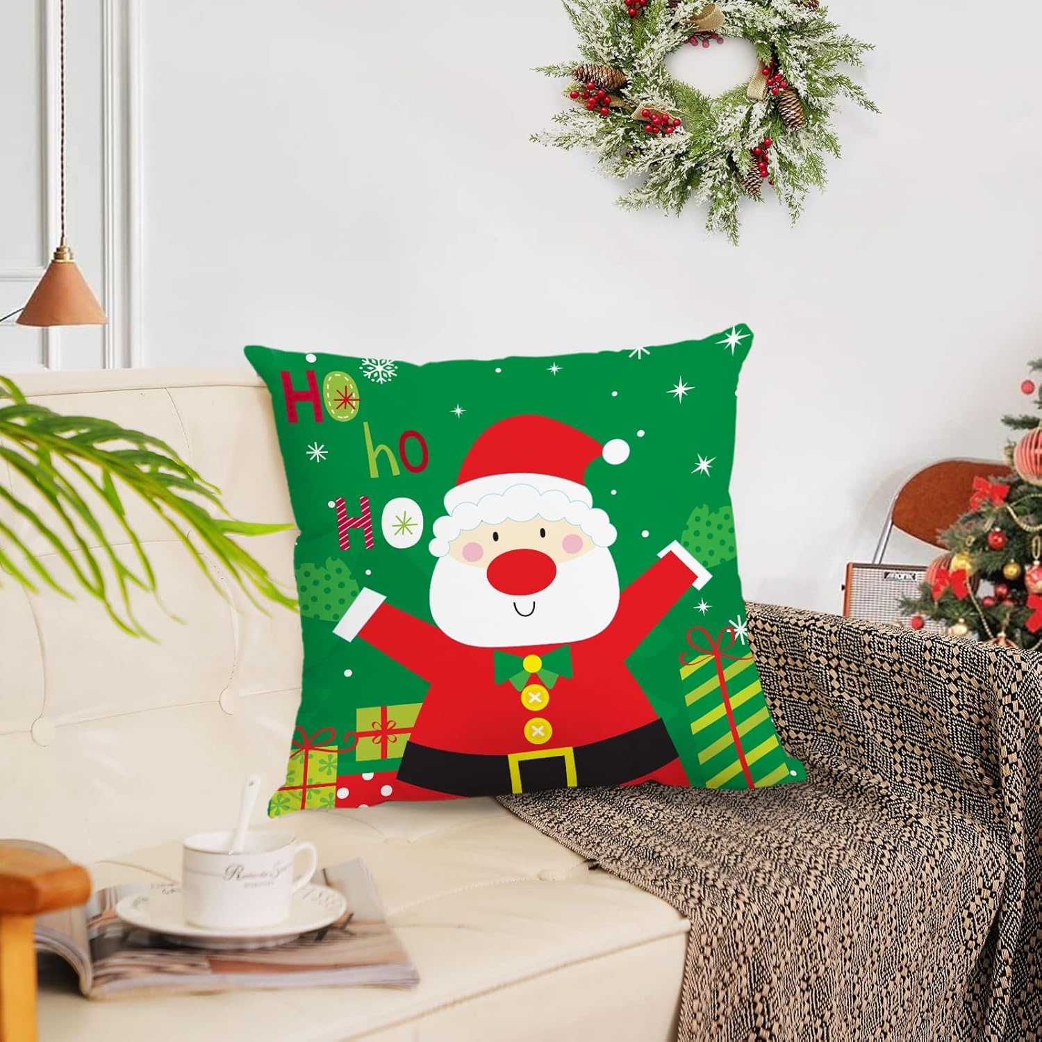 Merry Christmas Pillow Covers 22x22 Set of 4 Velvet Christmas Pillow Cases Red Green Xmas Holiday Throw Pillow Covers Soft Christmas Tree Cushion Covers for Outdoor Home Bed Sofa Couch(22 Inch)