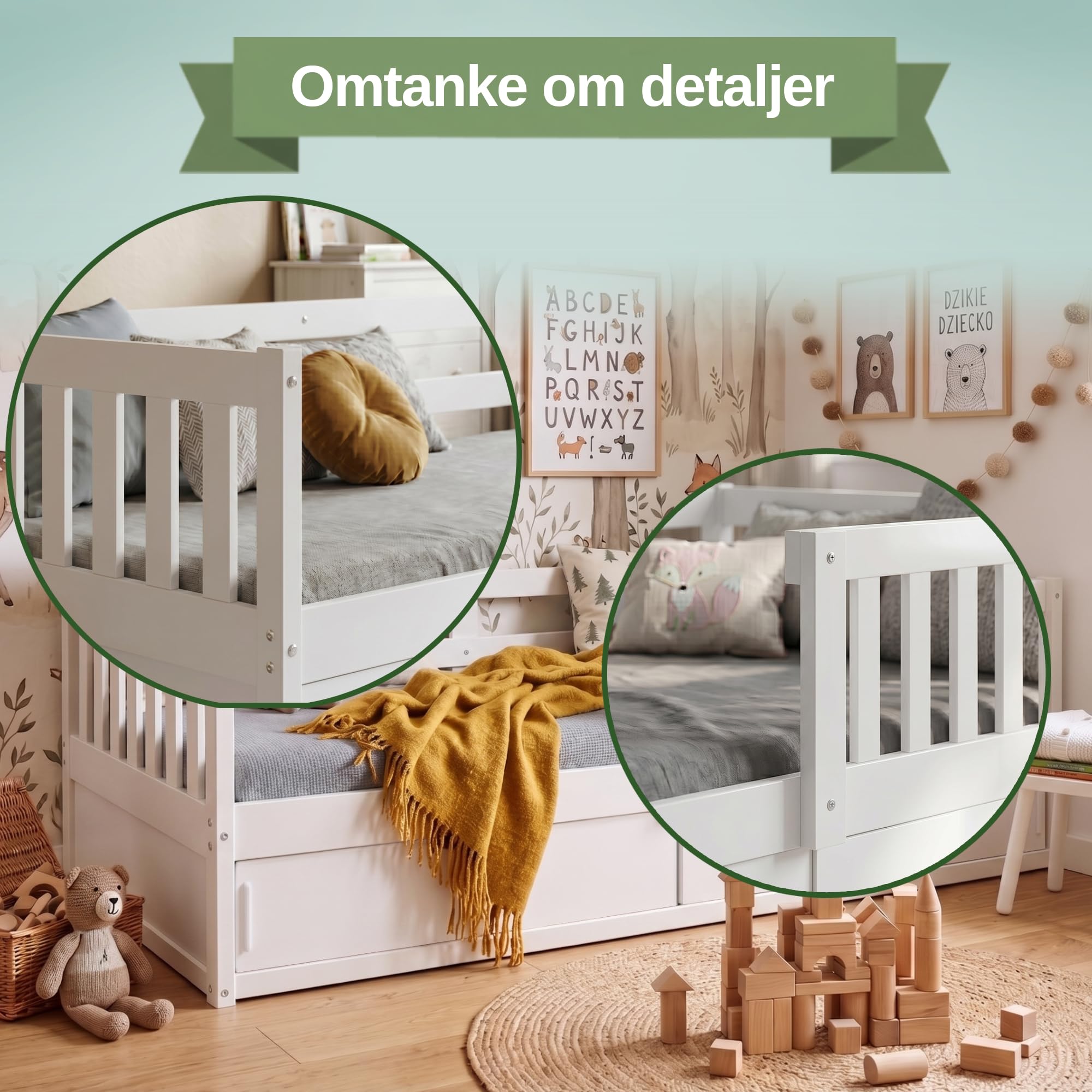 Interbeds Kinderbett 80x160 cm aus Holz in Weiß mit Rausfallschutz – Montessori Bodenbett mit Schutzbarriere und Stauraum, Kinderbett für Jungen und Mädchen, Naturholz Smart (weiß)