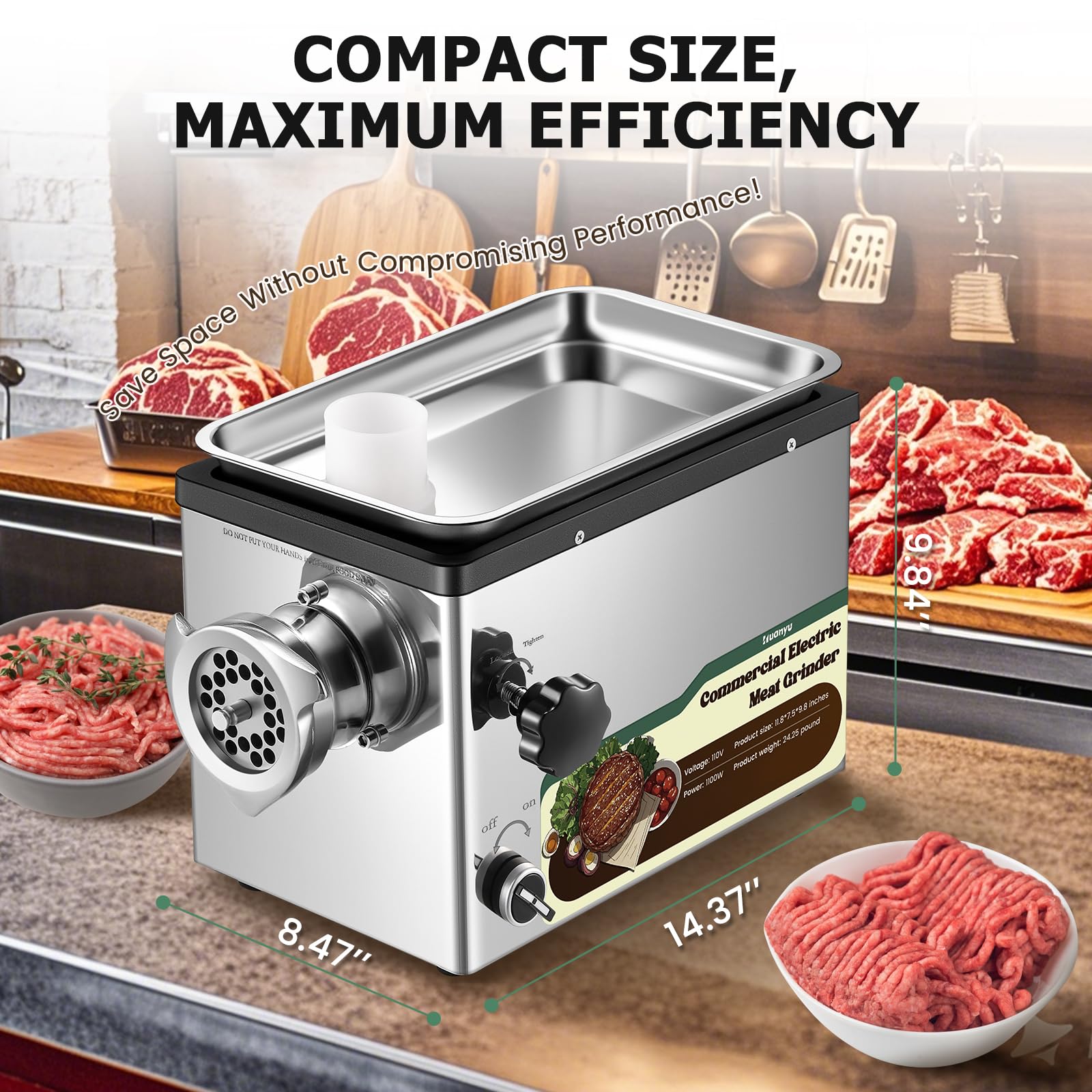 Picadora eléctrica de carne de acero inoxidable de 1100 W, resistente con 2 cuchillas, 4 placas, molinillos comerciales para restaurantes, carnicerías 110 V 1.5 HP 7