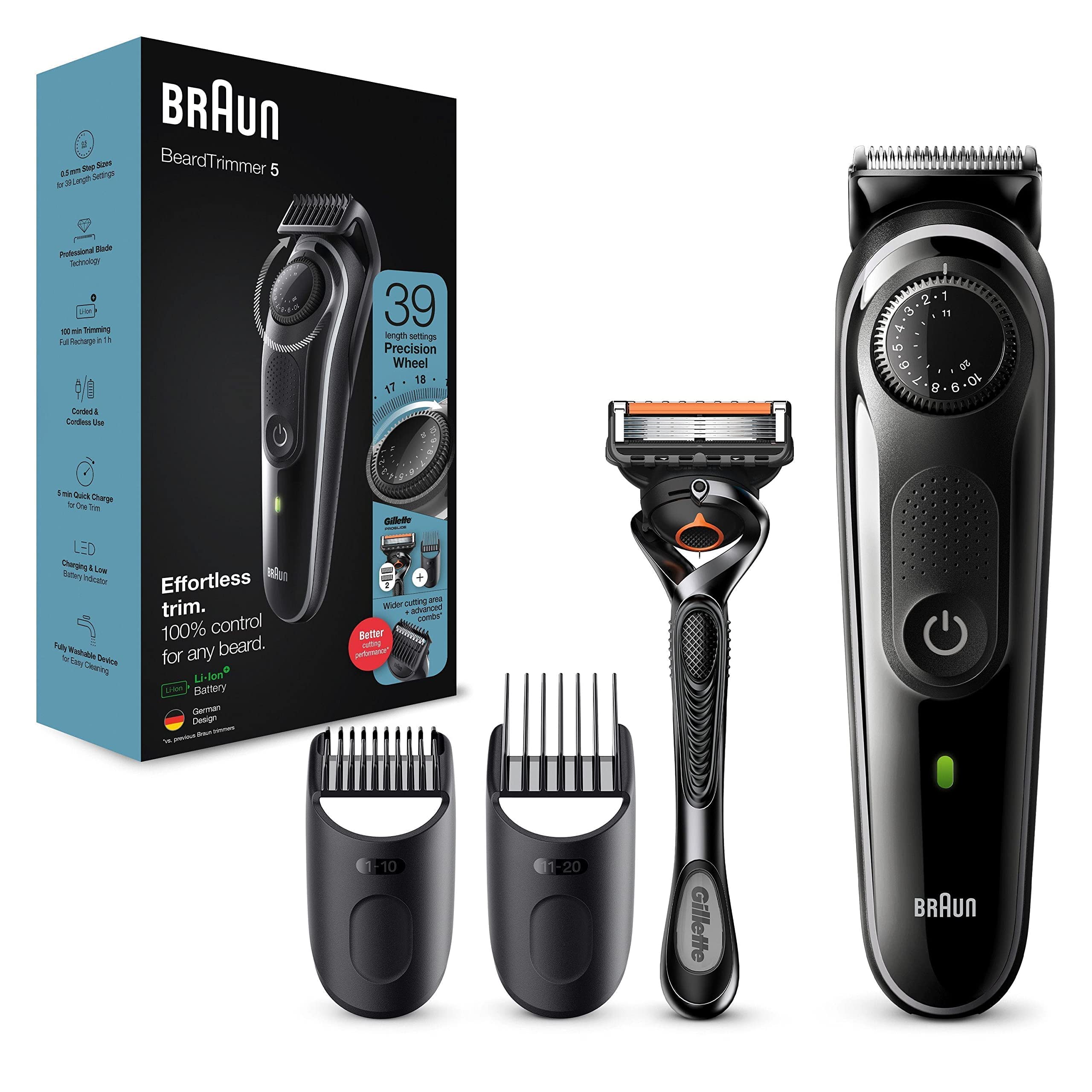Braun Beard Trimmer 5 BT5342 - Tagliacapelli da uomo, per viso, lame affidabili, 39 impostazioni di lunghezza, nero/grigio