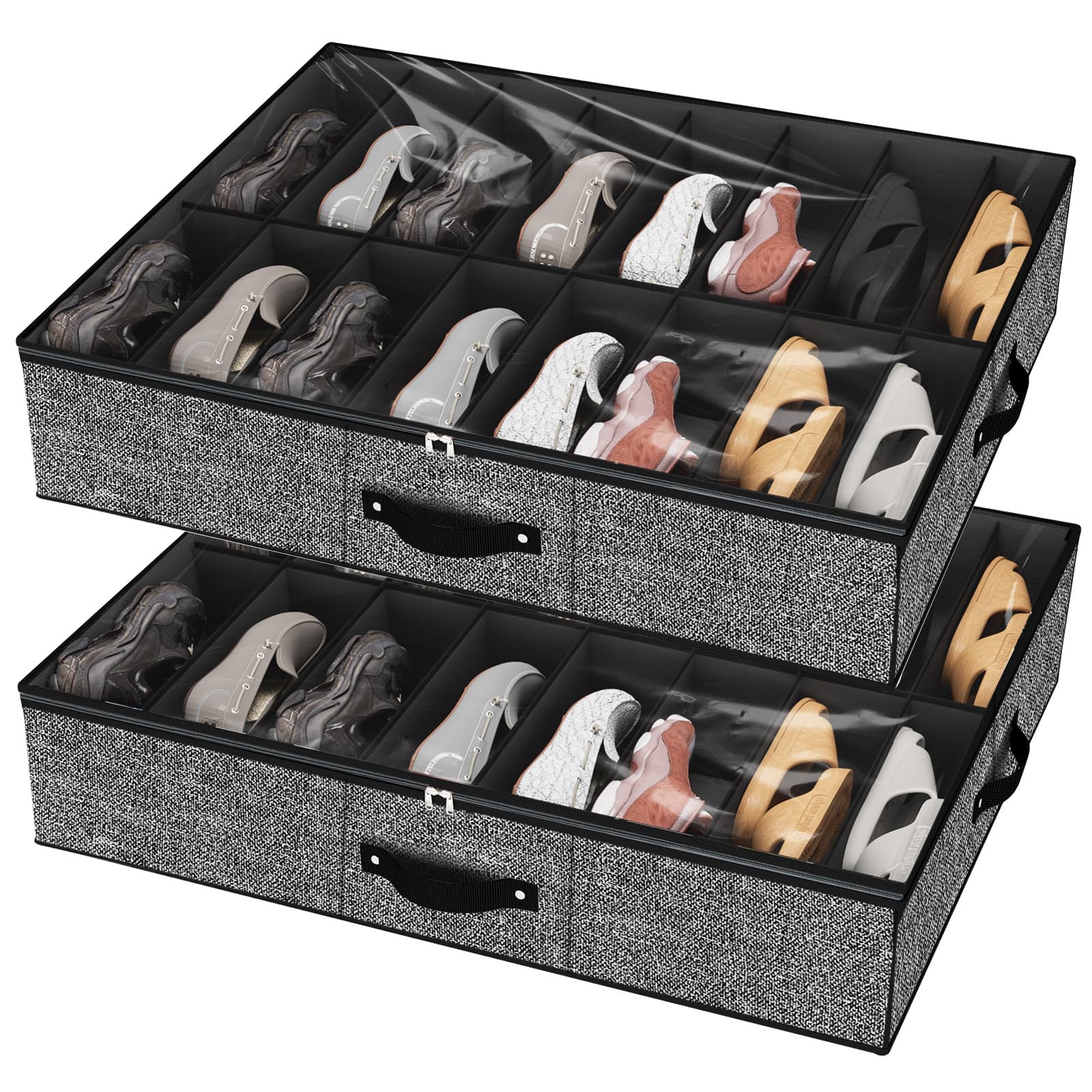 homyfort 32 Pairs Shoe Organizer Under Bed, Underbed Shoe Storage Boxes Bins, Organizador De Zapatos, Extra Large Zapateras Organizer, Black, Set of 2